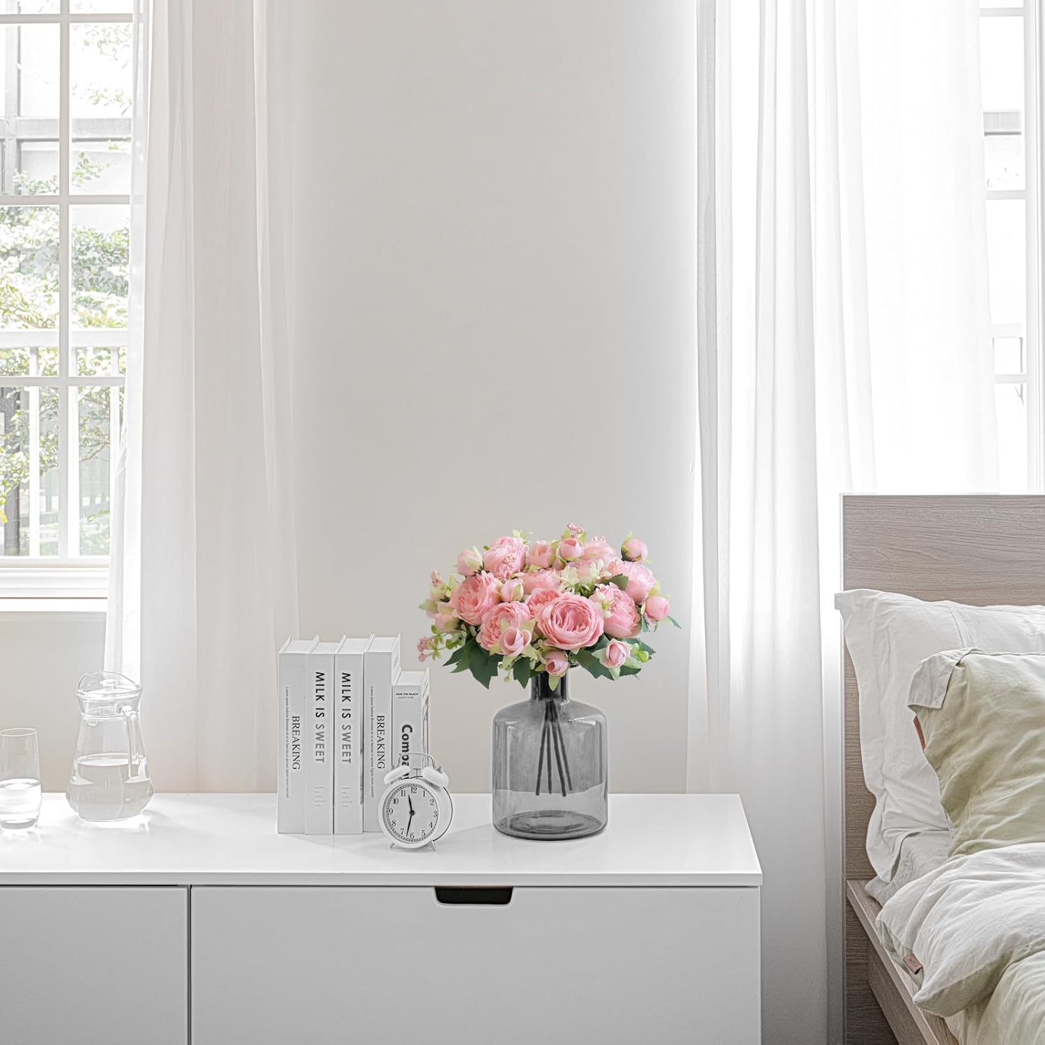 Mkono Peonies Artificial Flowers, Small Silk Flowers for Home Decor Indoor Fake Bouquet Faux Floral Arrangements Dining Table Centerpieces for Kitchen Party Decor Pink