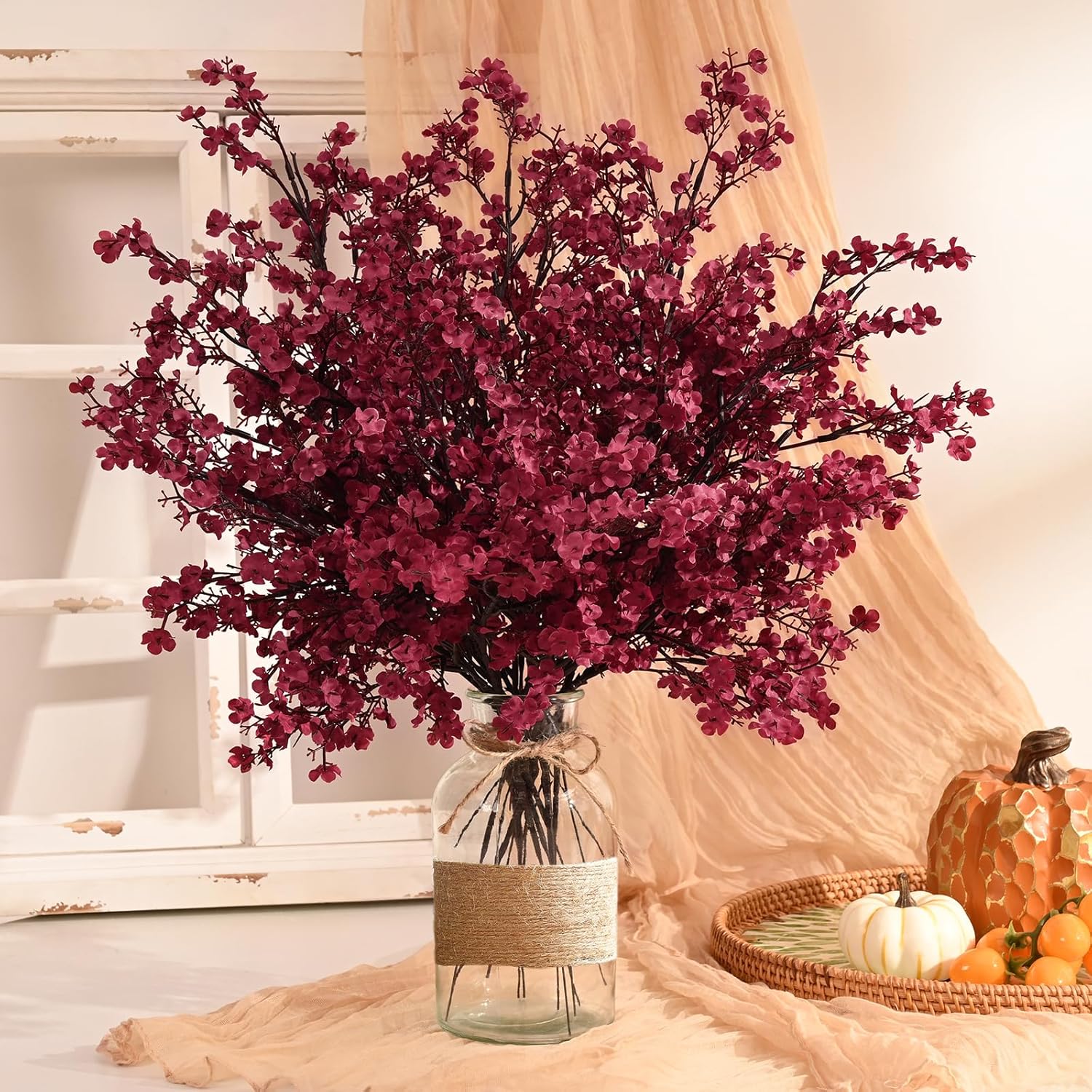 Waipfaru 6Pcs Fake Flowers Babys Breath Silk Artificial Flowers Gypsophila Bouquets Bulk Real Touch Fall Stems for Fall Thanksgiving Decor Autumn DIY Floral Arrangement Table Centerpieces, Wine Red
