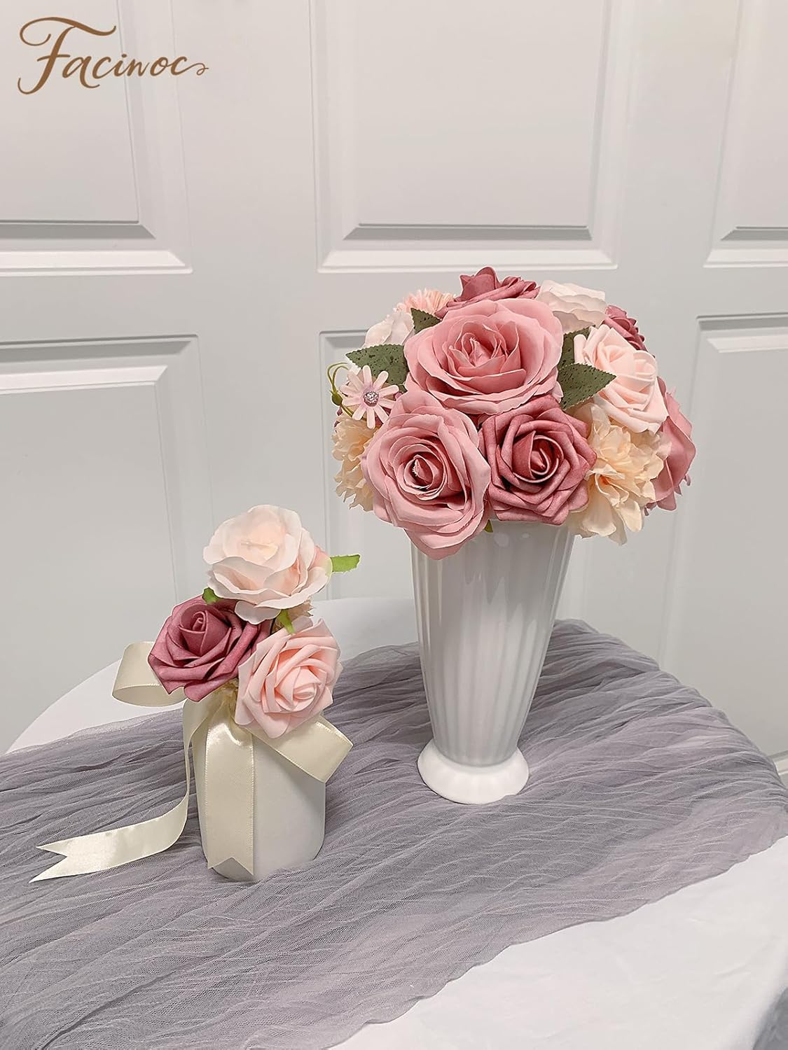 FACINOC Roses Artificial Flowers Pink Bouquets Box Set for DIY Bridal Wedding Shower Decorations Fake Floral Arrangements for Party Table Centerpieces Home Decor Indoor Outdoor Dusty Blush 19pcs - Image 5