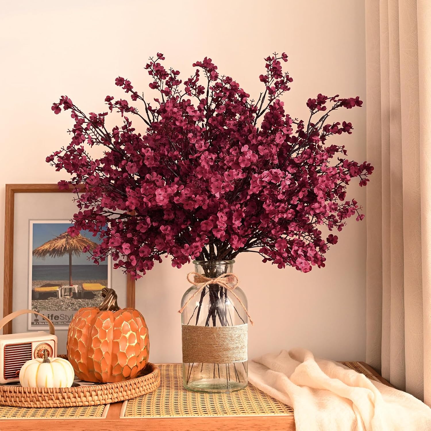 Waipfaru 6Pcs Fake Flowers Babys Breath Silk Artificial Flowers Gypsophila Bouquets Bulk Real Touch Fall Stems for Fall Thanksgiving Decor Autumn DIY Floral Arrangement Table Centerpieces, Wine Red - Image 2