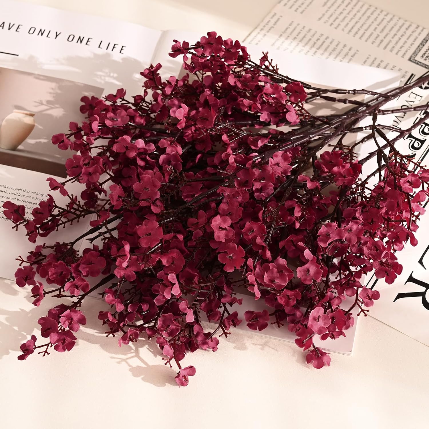 Waipfaru 6Pcs Fake Flowers Babys Breath Silk Artificial Flowers Gypsophila Bouquets Bulk Real Touch Fall Stems for Fall Thanksgiving Decor Autumn DIY Floral Arrangement Table Centerpieces, Wine Red - Image 3