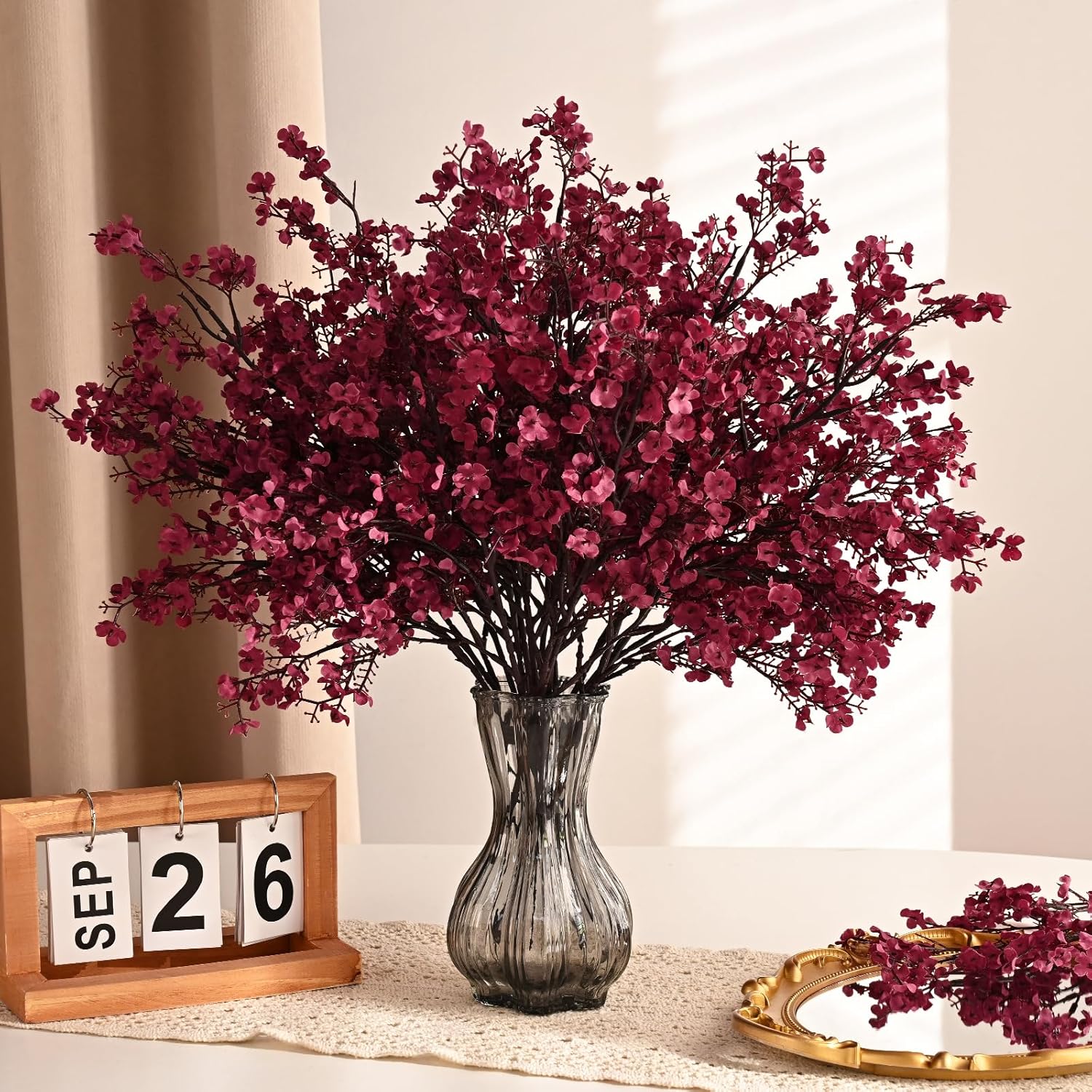 Waipfaru 6Pcs Fake Flowers Babys Breath Silk Artificial Flowers Gypsophila Bouquets Bulk Real Touch Fall Stems for Fall Thanksgiving Decor Autumn DIY Floral Arrangement Table Centerpieces, Wine Red - Image 5