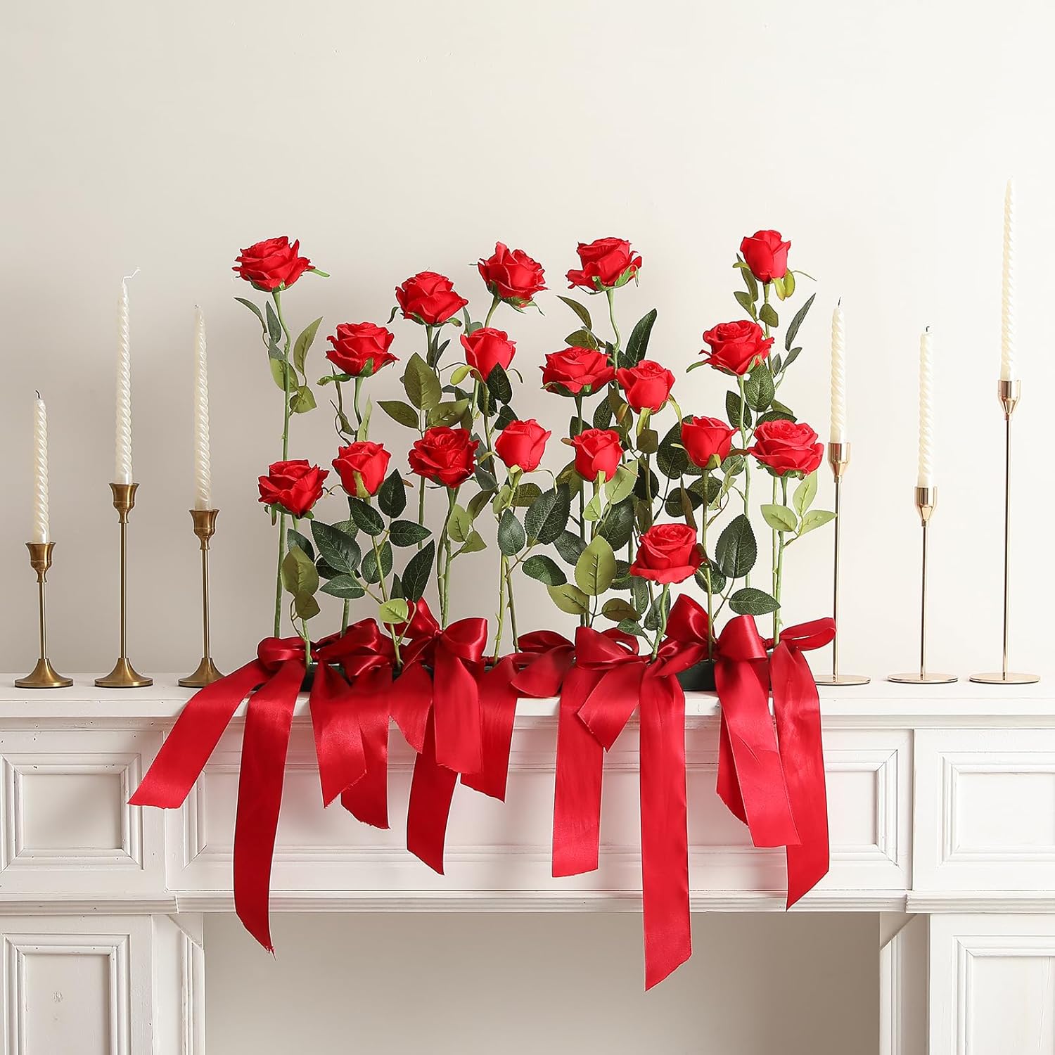 Hawesome 12PCS Artificial Flowers Fake Roses, Realistic Silk Long Stem Red Roses Bouquet for Wedding Centerpiece Home Decor Party & Valentines