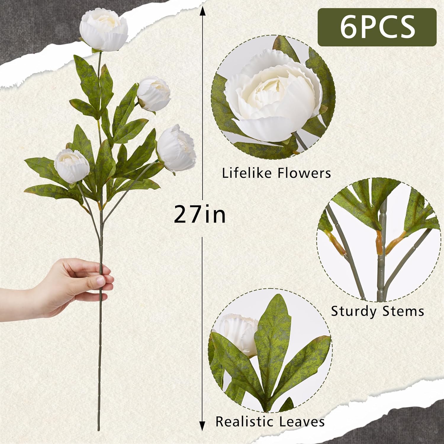 Waipfaru 6 Pcs Faux Peonies Artificial Flowers for Vase, 27" Fake Silk Peonies Flowers for Wedding, Vase Filler White Flowers for DIY Bouquets Centerpieces Bridal Shower Office Decor