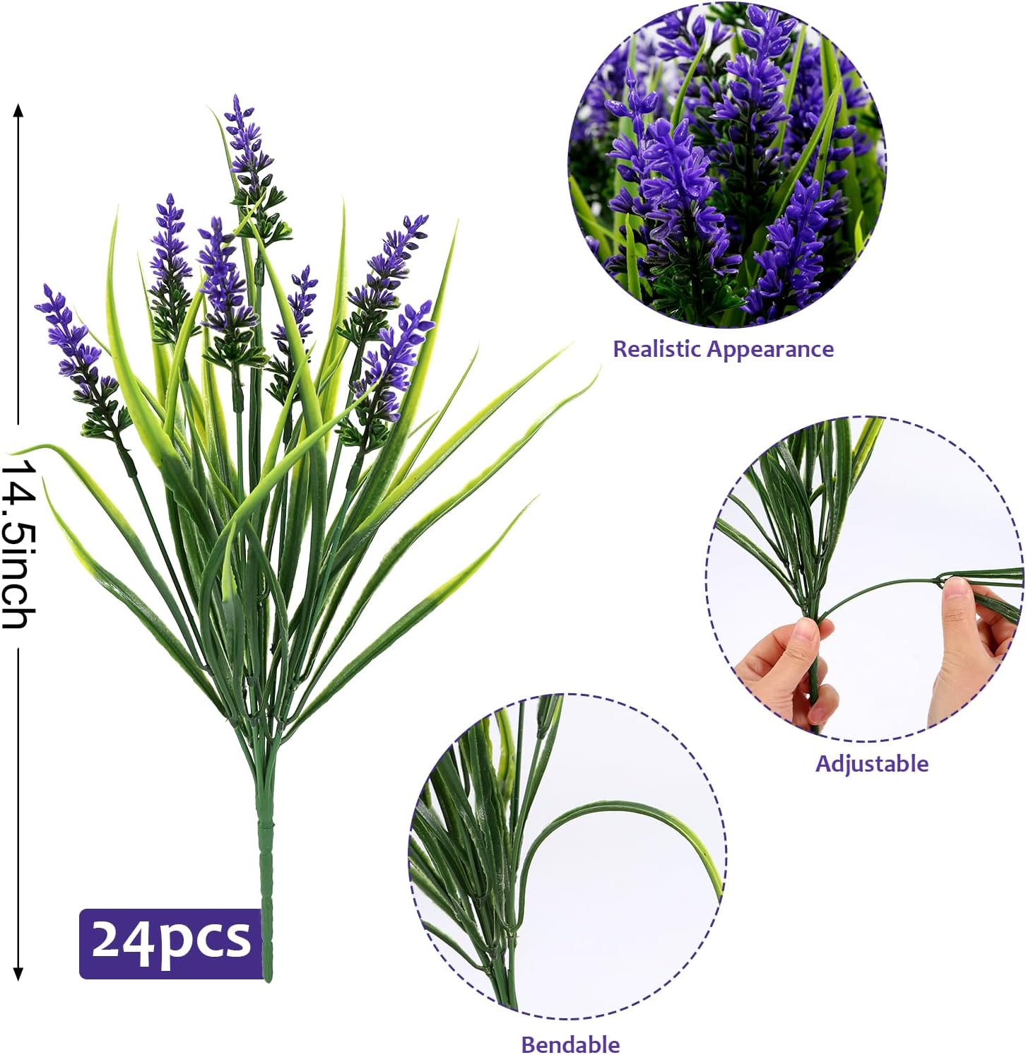 Geegoods Artificial Plants Flowers Outdoor u2013 24 Bundles UV Resistant Faux Lavender Flowers with Monkey Grass for Garden Porch Window Patio Hanging Planter Decor