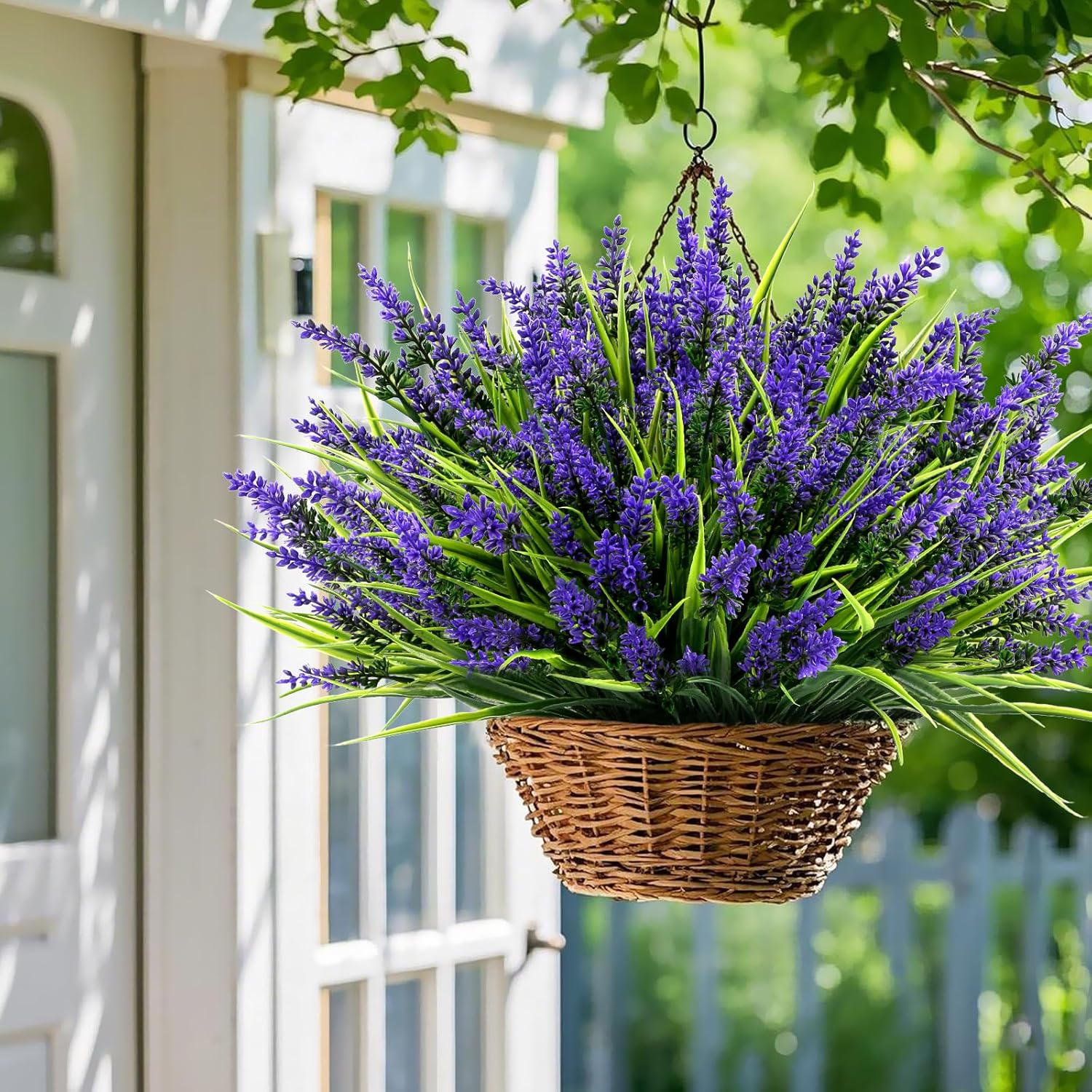 Geegoods Artificial Plants Flowers Outdoor u2013 24 Bundles UV Resistant Faux Lavender Flowers with Monkey Grass for Garden Porch Window Patio Hanging Planter Decor - Image 3