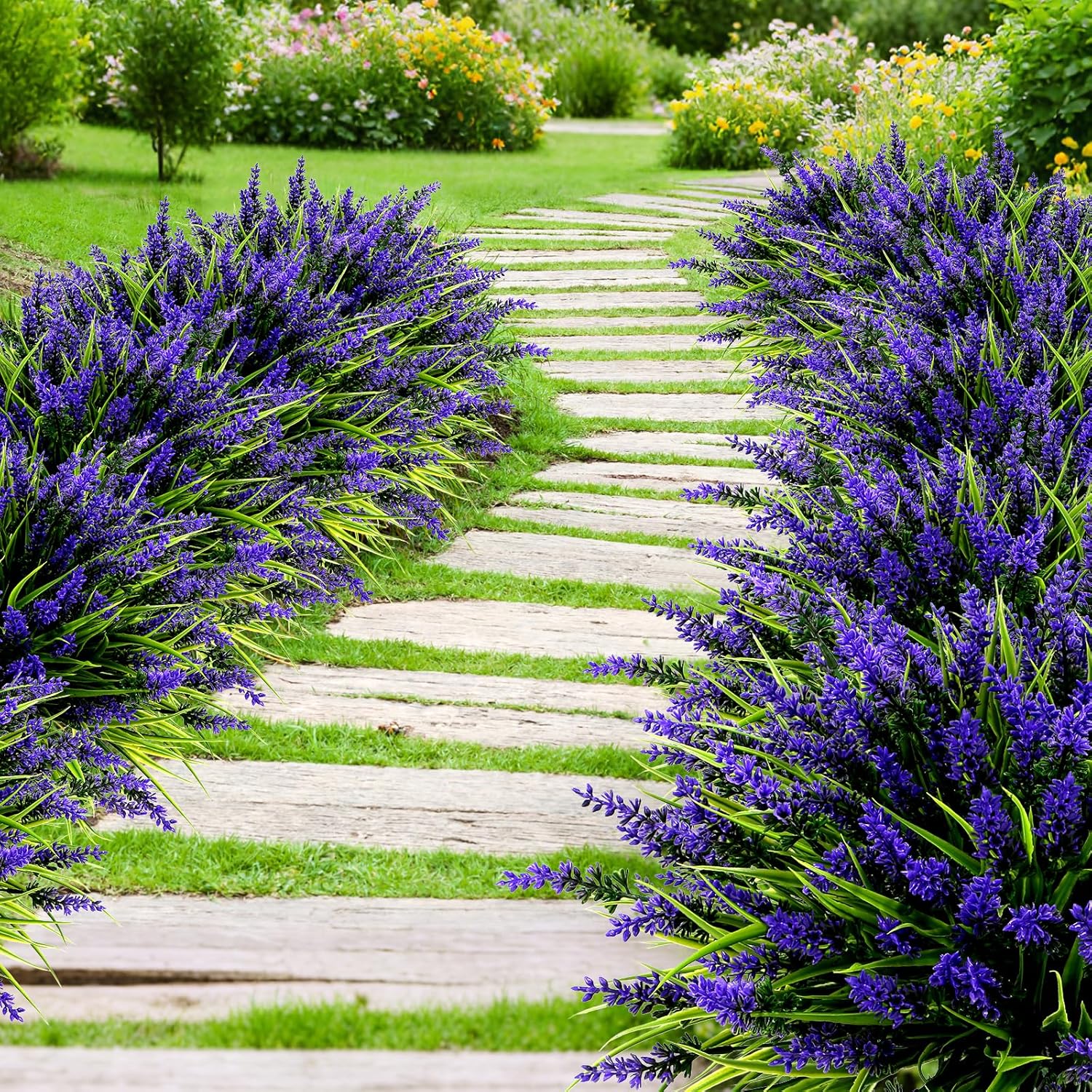 Geegoods Artificial Plants Flowers Outdoor u2013 24 Bundles UV Resistant Faux Lavender Flowers with Monkey Grass for Garden Porch Window Patio Hanging Planter Decor - Image 4