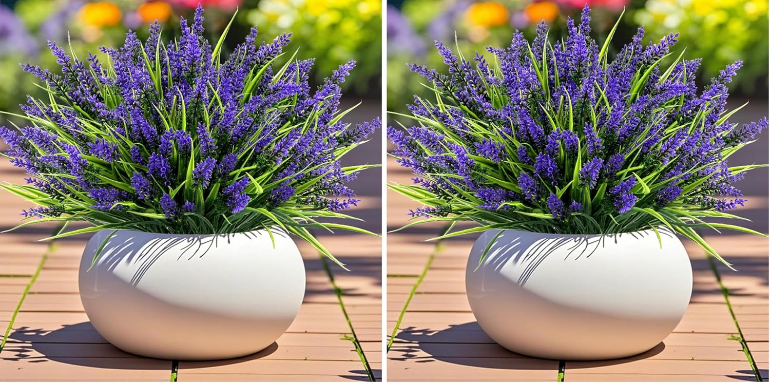 Geegoods Artificial Plants Flowers Outdoor u2013 24 Bundles UV Resistant Faux Lavender Flowers with Monkey Grass for Garden Porch Window Patio Hanging Planter Decor - Image 8