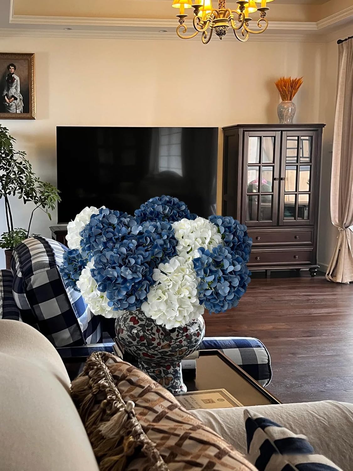 ZYTUYO 5 Pcs Dark Blue Silk Hydrangeas Artificial Flower Boho Dried Touch 20'' Faux Hydrangeas for Fall Indoor Home Decor Kitchen Living Room Outdoor Porch Wedding Flower Arrangement - Image 2