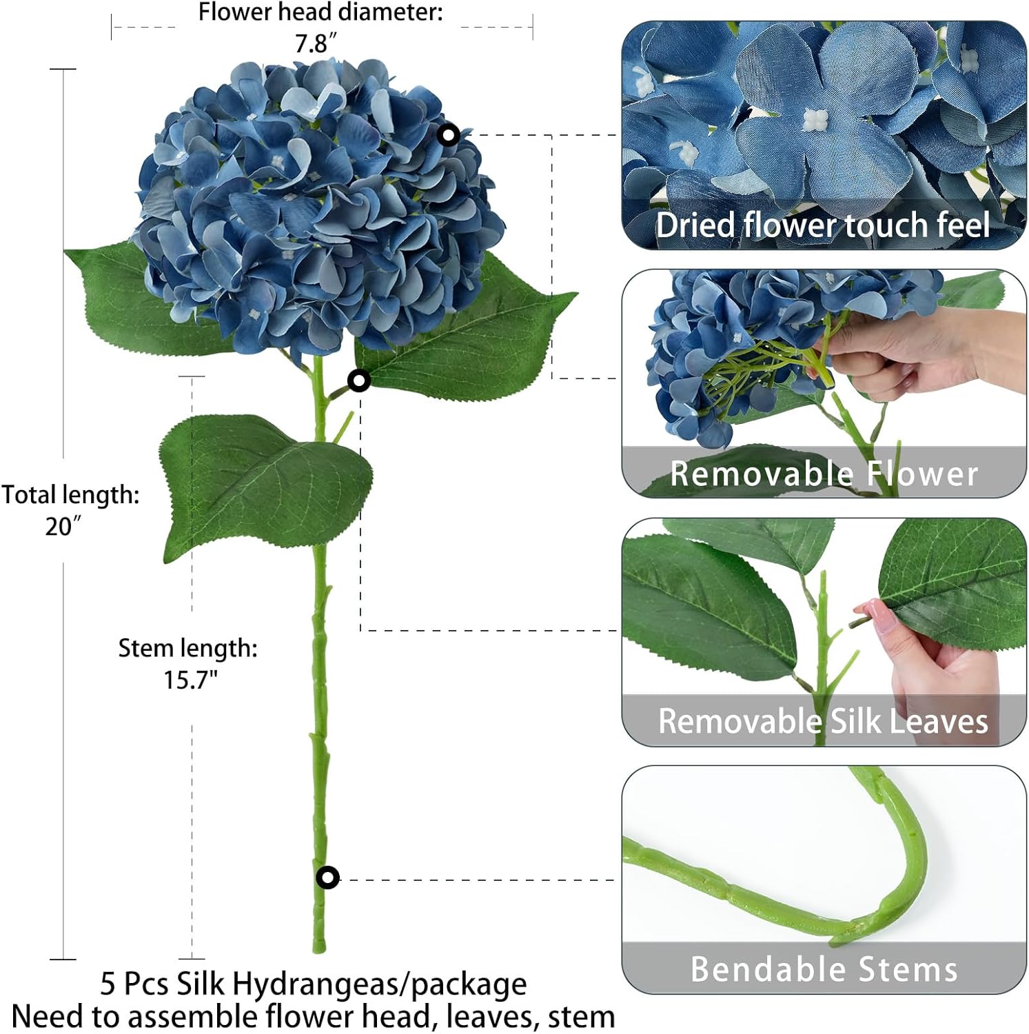 ZYTUYO 5 Pcs Dark Blue Silk Hydrangeas Artificial Flower Boho Dried Touch 20'' Faux Hydrangeas for Fall Indoor Home Decor Kitchen Living Room Outdoor Porch Wedding Flower Arrangement - Image 3