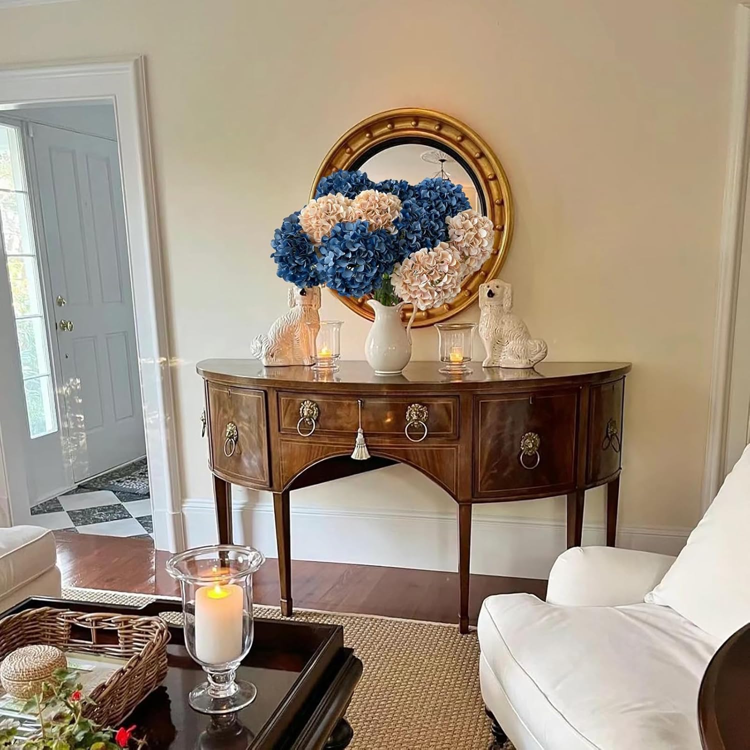 ZYTUYO 5 Pcs Dark Blue Silk Hydrangeas Artificial Flower Boho Dried Touch 20'' Faux Hydrangeas for Fall Indoor Home Decor Kitchen Living Room Outdoor Porch Wedding Flower Arrangement - Image 4