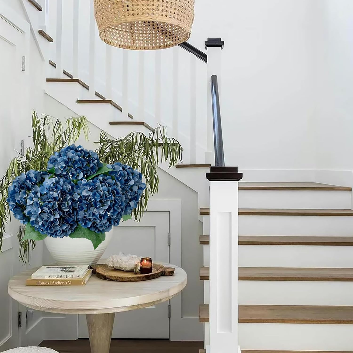 ZYTUYO 5 Pcs Dark Blue Silk Hydrangeas Artificial Flower Boho Dried Touch 20'' Faux Hydrangeas for Fall Indoor Home Decor Kitchen Living Room Outdoor Porch Wedding Flower Arrangement - Image 8