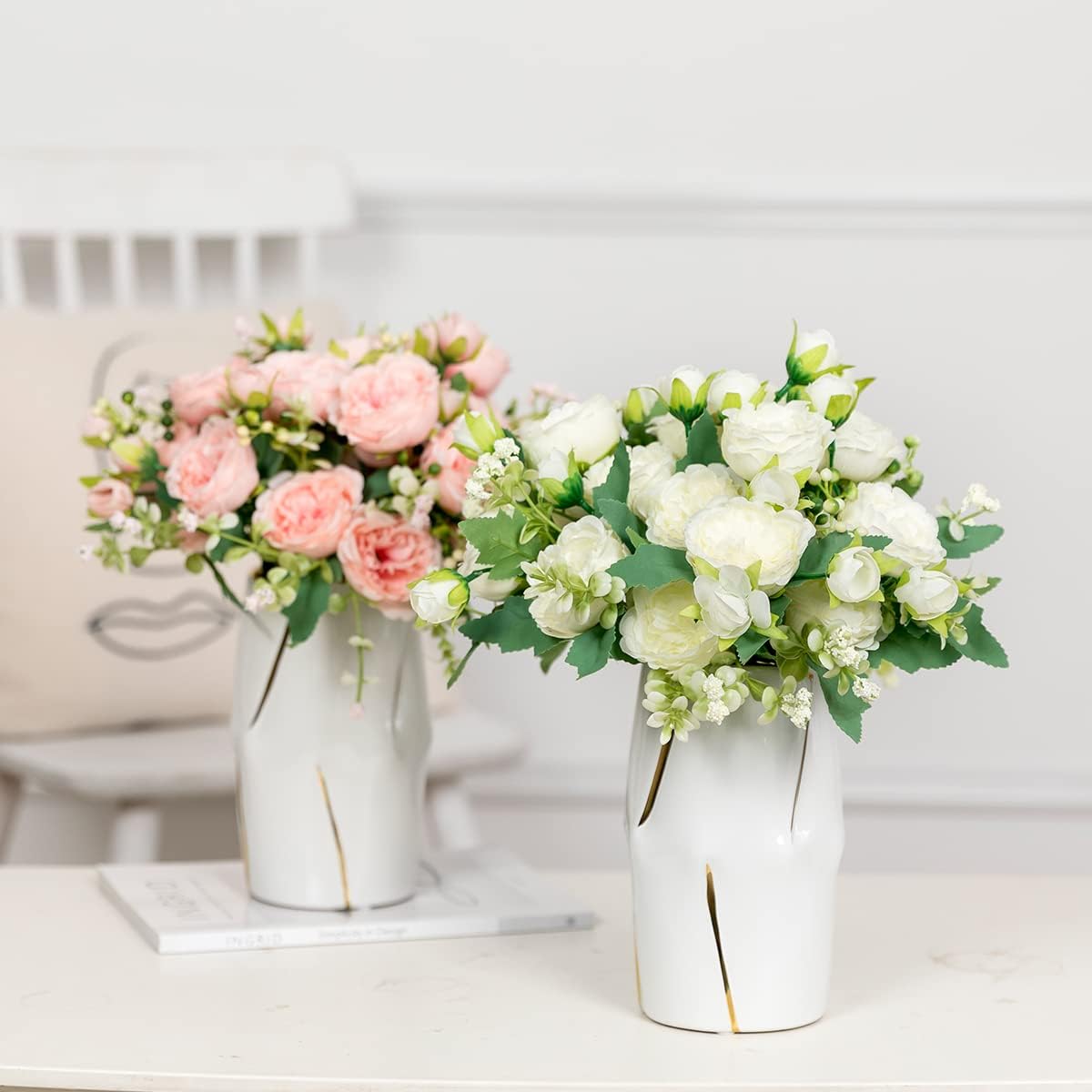 Floweroyal 2 Bunches Peony Artificial Flowers White Flowers Silk Peonies Bouquets for Wedding Party Table Centerpieces Floral Arrangement Home Kitchen Decor - Image 5