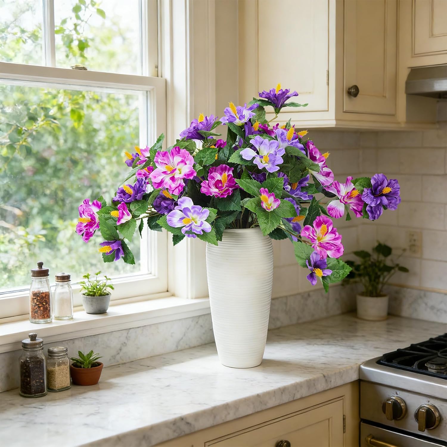 INXUGAO Artificial Flowers for Outdoors Indoors,2 Bunches Fake Hibiscus with Realistic UV Resistant Silk Flower Fabric Leaves,Faux Plants Outside for Patio Garden Yard Poch Decor (Purple,Fuchsia) - Image 2