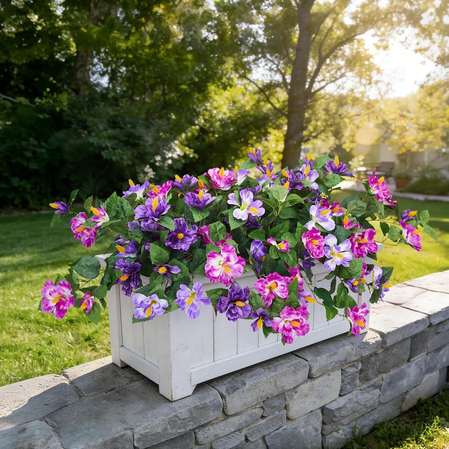 INXUGAO Artificial Flowers for Outdoors Indoors,2 Bunches Fake Hibiscus with Realistic UV Resistant Silk Flower Fabric Leaves,Faux Plants Outside for Patio Garden Yard Poch Decor (Purple,Fuchsia) - Image 3