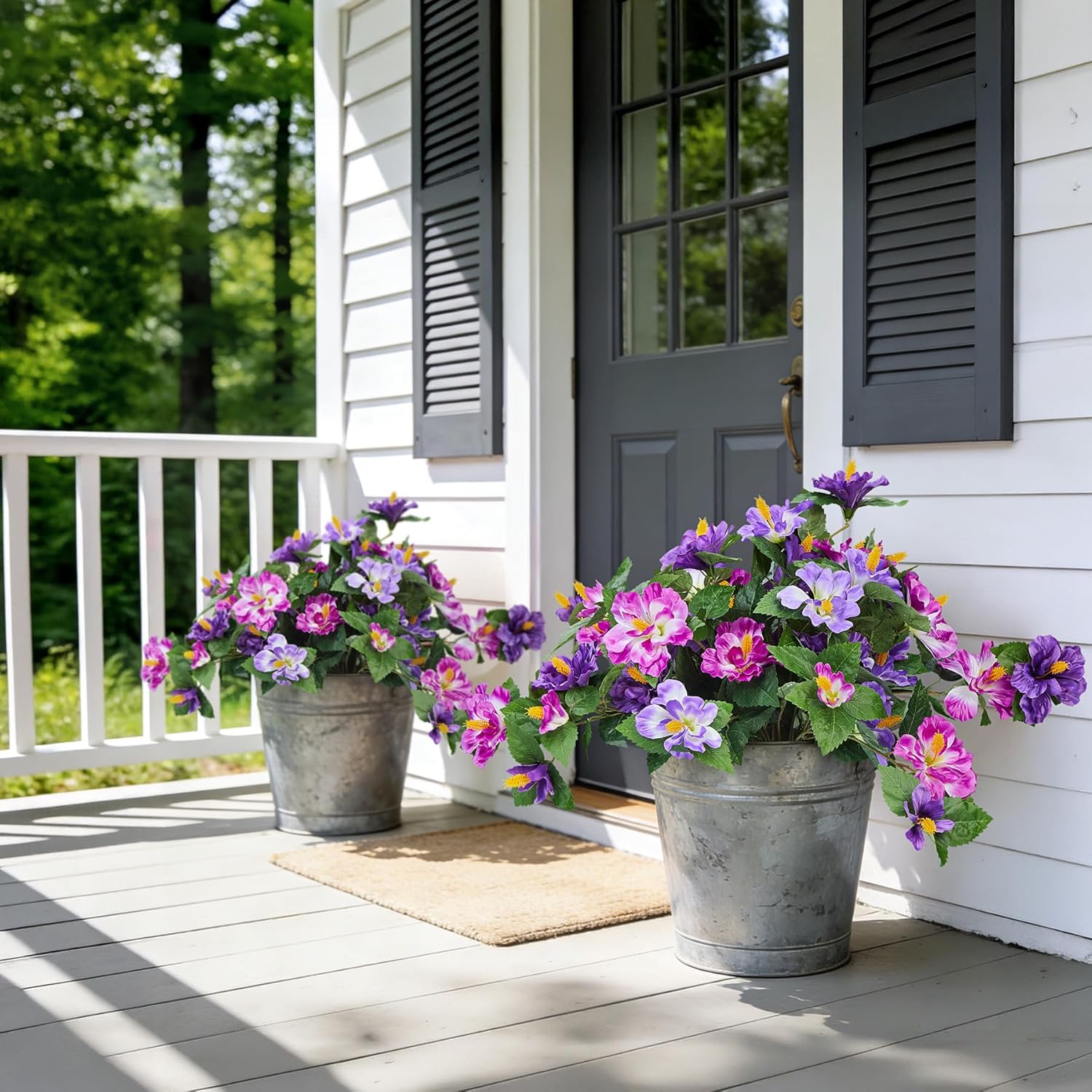 INXUGAO Artificial Flowers for Outdoors Indoors,2 Bunches Fake Hibiscus with Realistic UV Resistant Silk Flower Fabric Leaves,Faux Plants Outside for Patio Garden Yard Poch Decor (Purple,Fuchsia) - Image 4