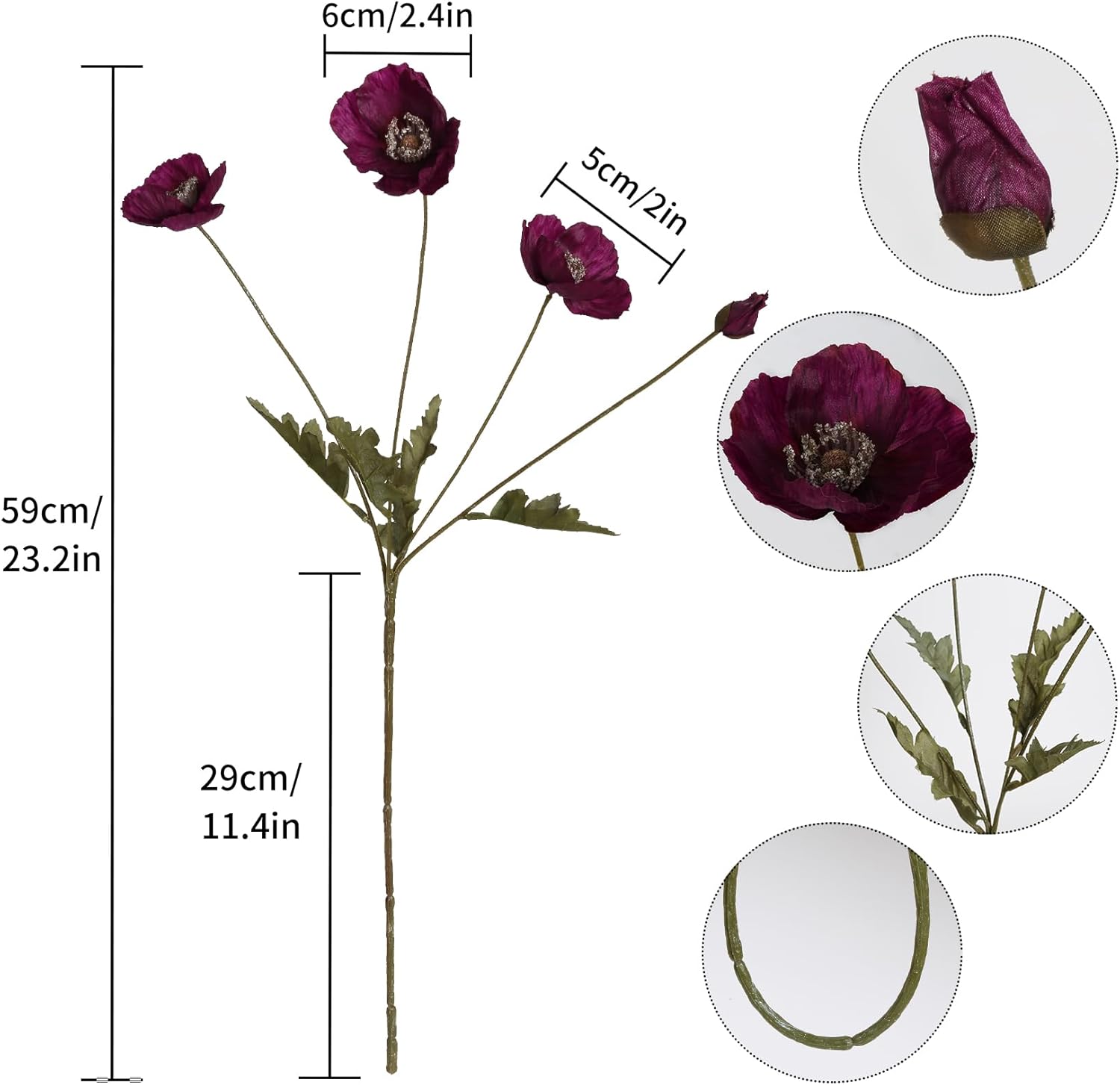 IPOPU Burgundy Silk Flowers 6PCS Fake Poppies Artificial Flowers for Veterans Day Floral Centerpieces, Tables, Wedding Decorations, Reception - Image 2