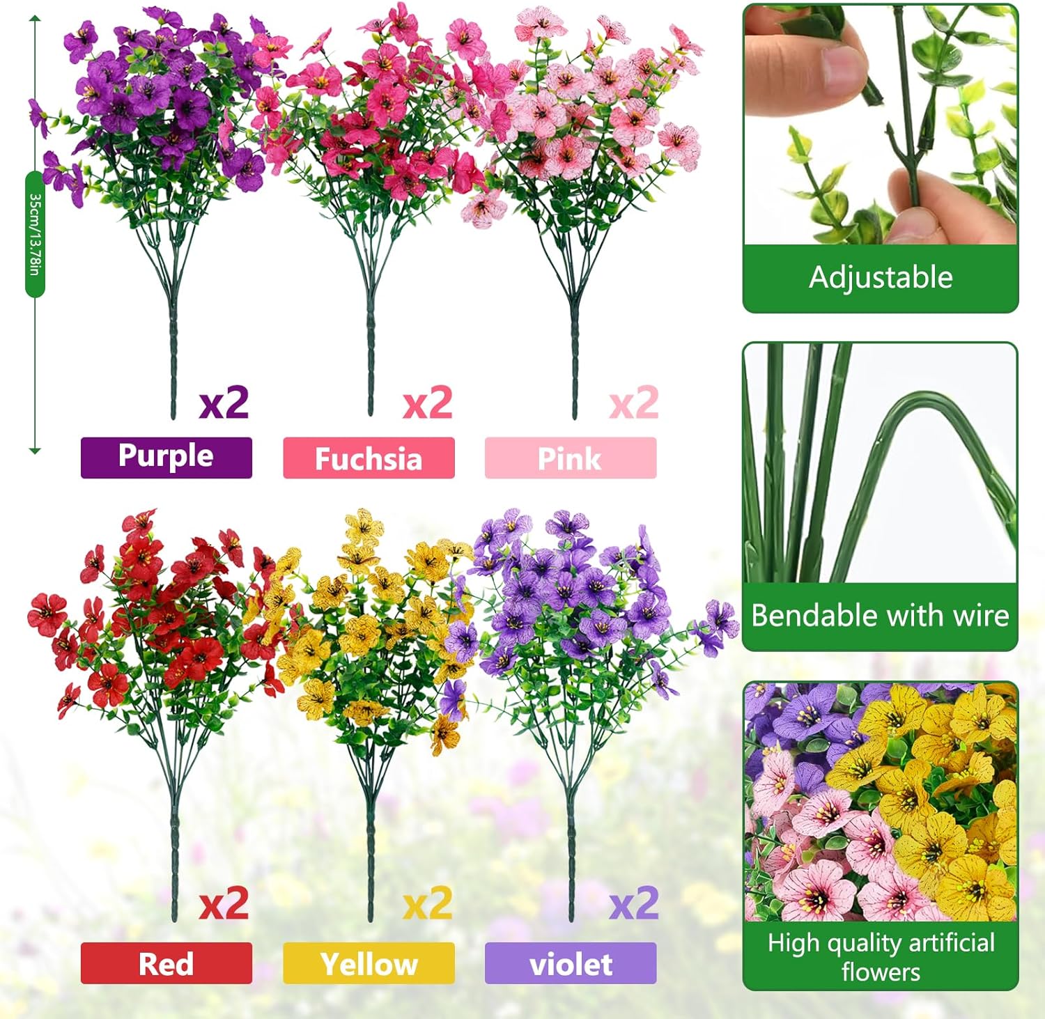 FGSAEOR 12 Bundles Artificial Flowers for Outdoor Indoor, Faux Flower Daisy with Eucalyptus Leaves Fake Plants Greenery, Garden Home Decor for Boxwood Porch Patio - Image 2