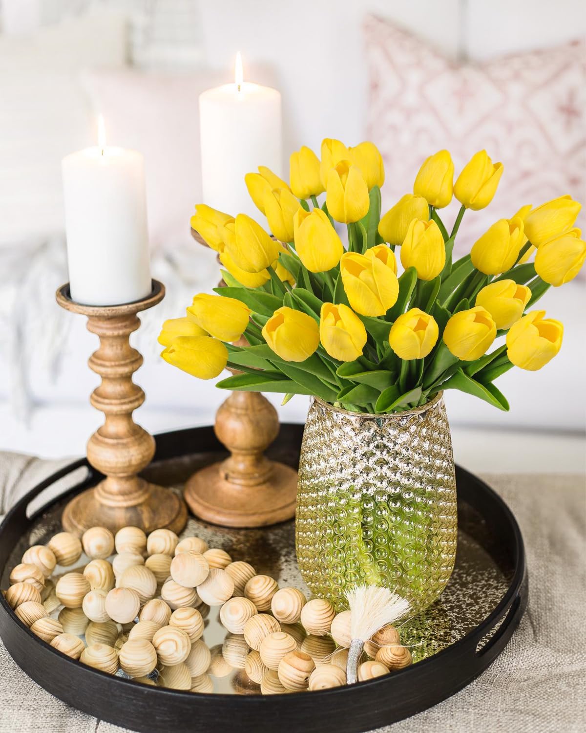 MACTING Yellow Artificial Tulip Flowers - 13.7" 30PCS Real Touch Fake PU Tulips Bouquet Faux Spring Flowers for Floral Arrangements Table Centerpiece Kitchen Home Valentines Day Easter Decorations