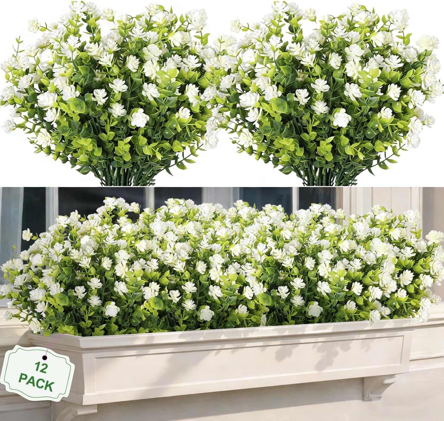 FGSAEOR 12 Bundles Artificial Flowers for Outdoor Indoor, Faux Flower Daisy with Eucalyptus Leaves Fake Plants Greenery, Garden Home Decor for Boxwood Porch Patio - Image 9