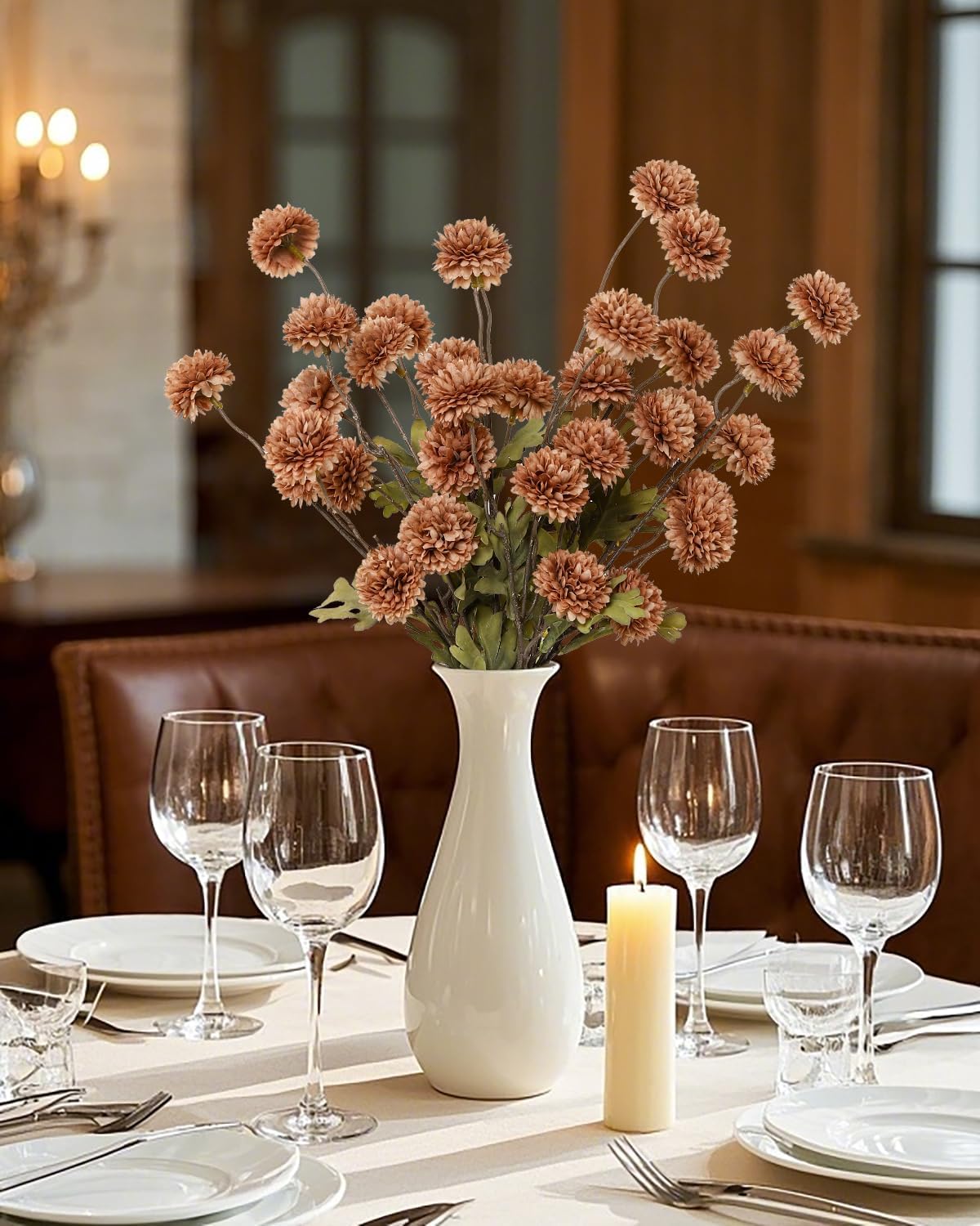 DuHouse 6pcs Artificial Flowers Faux Silk Pompon Mum,Silk Small Mini Chrysanthemum Ball with Stems for DIY Wedding Bouquets Centerpieces Vase Home Table Kitchen Decoration(Coffee)