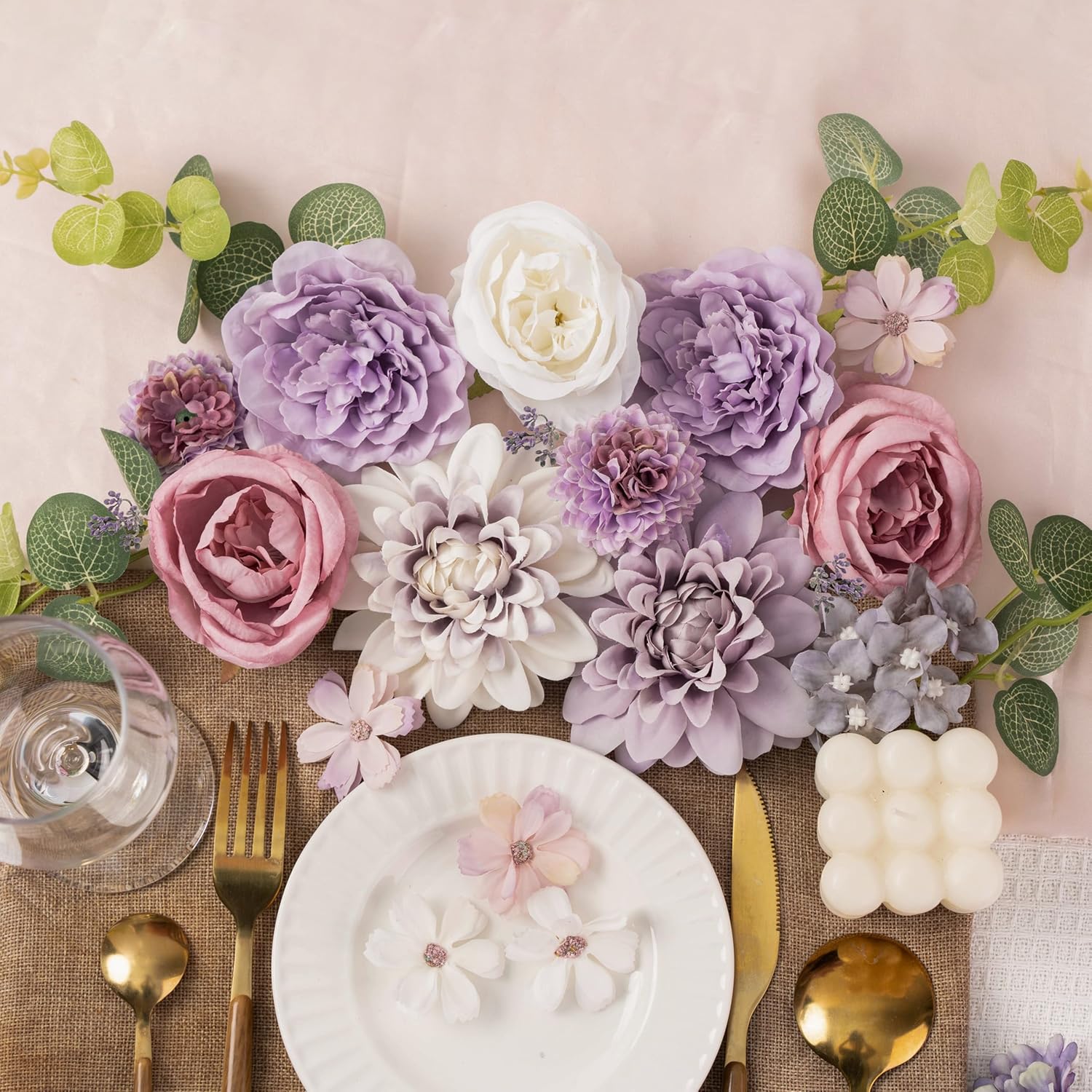 Khyxvbcd 30 Pcs Artificial Flowers Combo Purple Flowers Mix Silk Flowers Dahlia Roses with Stems for DIY Wedding Bridal Bouquets, Baby Shower, Floral Arrangement, Table Centerpieces, Home Decorations - Image 2