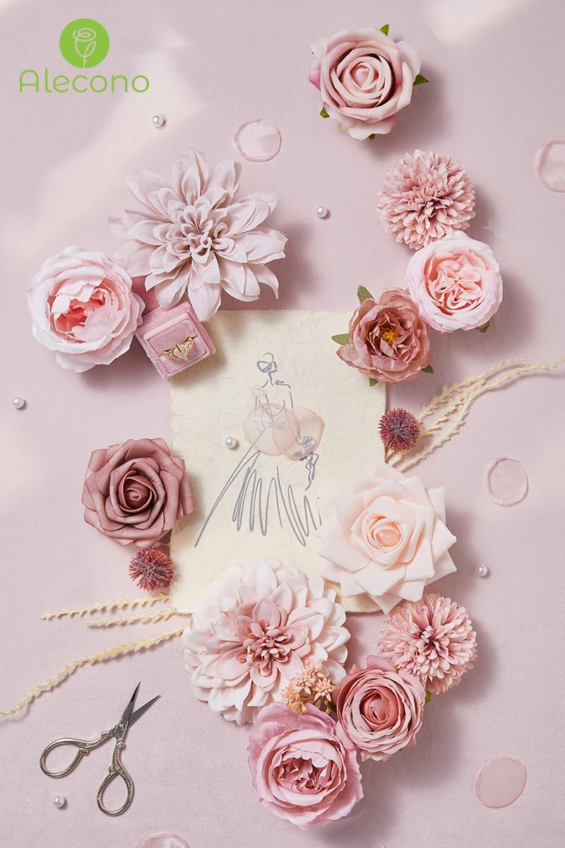 Alecono Artificial Flowers, Dusty Pink Silk Fake Flowers for DIY Wedding Bridal Bouquets, Wedding Cake Flowers for Table Centerpieces Baby Shower Birthday Party Home Decorations - Image 2