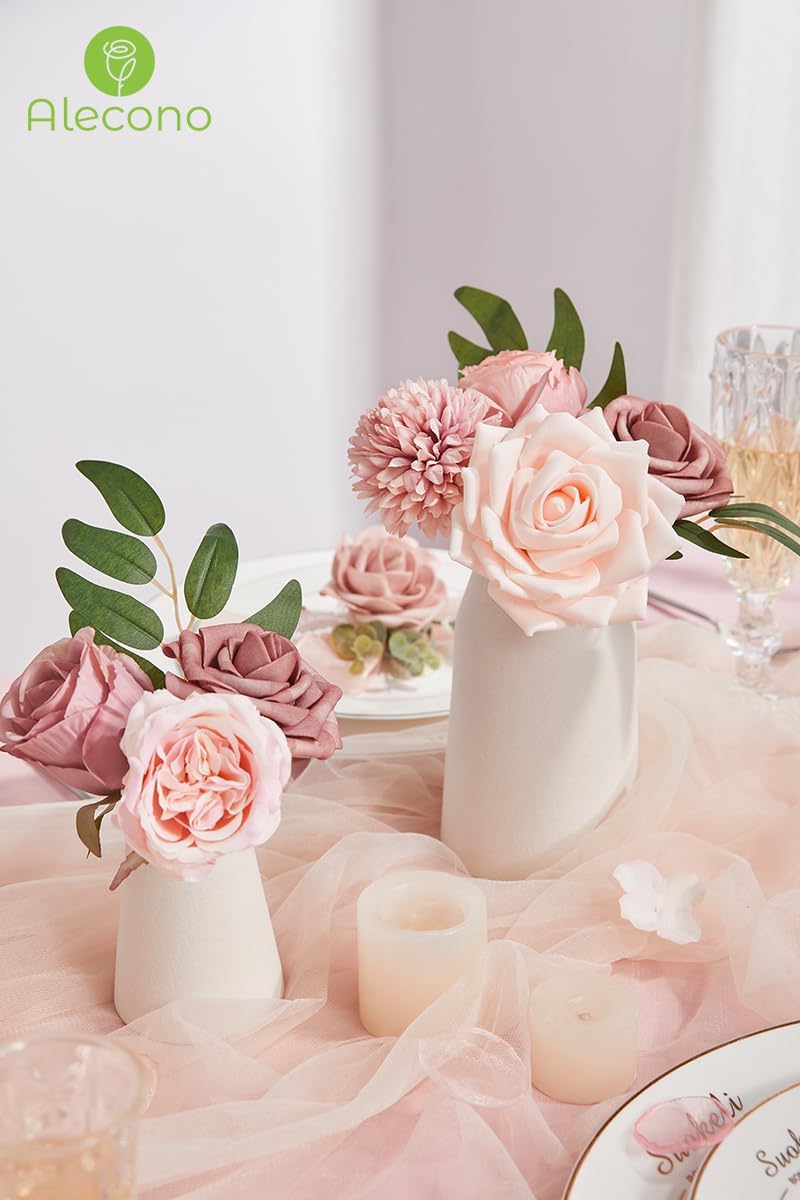 Alecono Artificial Flowers, Dusty Pink Silk Fake Flowers for DIY Wedding Bridal Bouquets, Wedding Cake Flowers for Table Centerpieces Baby Shower Birthday Party Home Decorations - Image 3