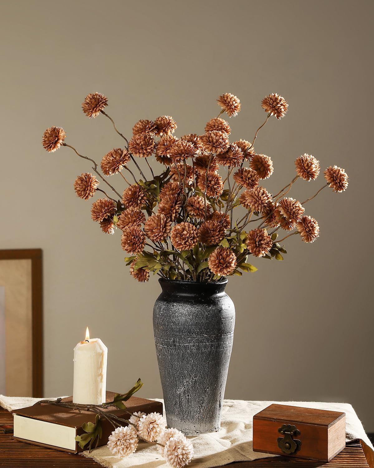 DuHouse 6pcs Artificial Flowers Faux Silk Pompon Mum,Silk Small Mini Chrysanthemum Ball with Stems for DIY Wedding Bouquets Centerpieces Vase Home Table Kitchen Decoration(Coffee) - Image 5