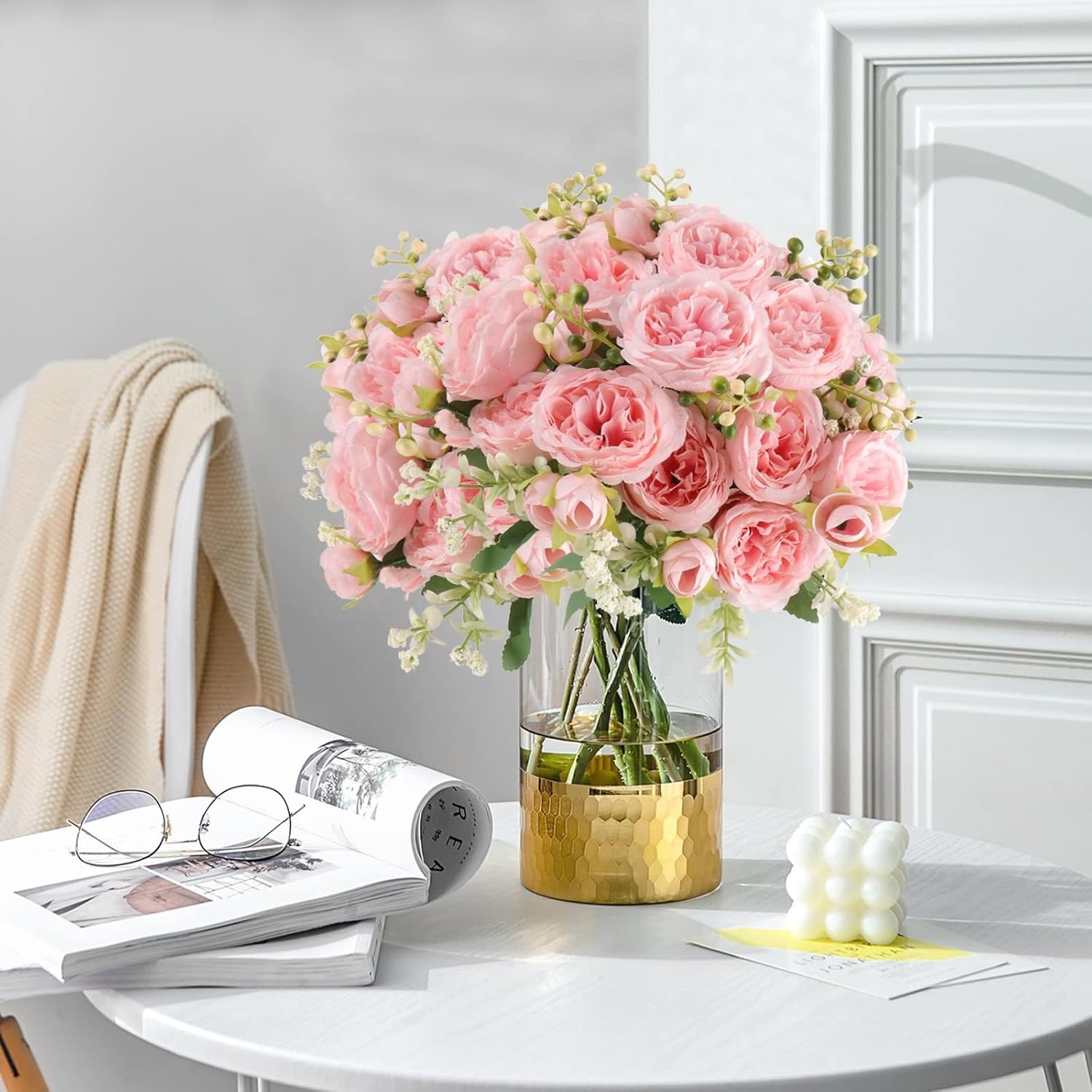 Artificial Peonies Silk Flowers, Pink Faux Peony Bouquet 2 Bundles Florals Arrangements for Farmhouse Home Boho Wedding Table Centerpiece, Fake Plastic Flower Bulk for Vase Decoration (Light Pink) - Image 2