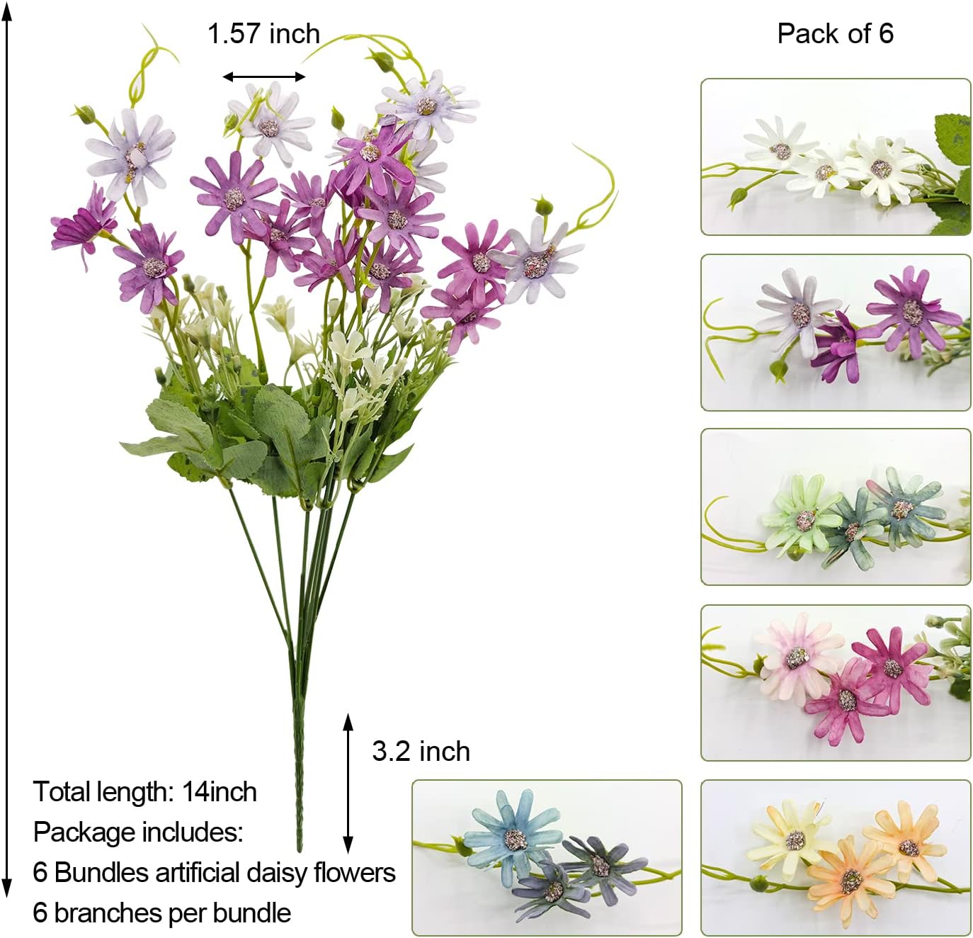 Guagb 6Pcs Artificial Daisy Silk Flower Outdoor UV Resistant Fake Wildflowers Faux Greenery Shrubs Plastic Plants Arrangements for Home Indoor Outside Garden Vase Decor - Image 5