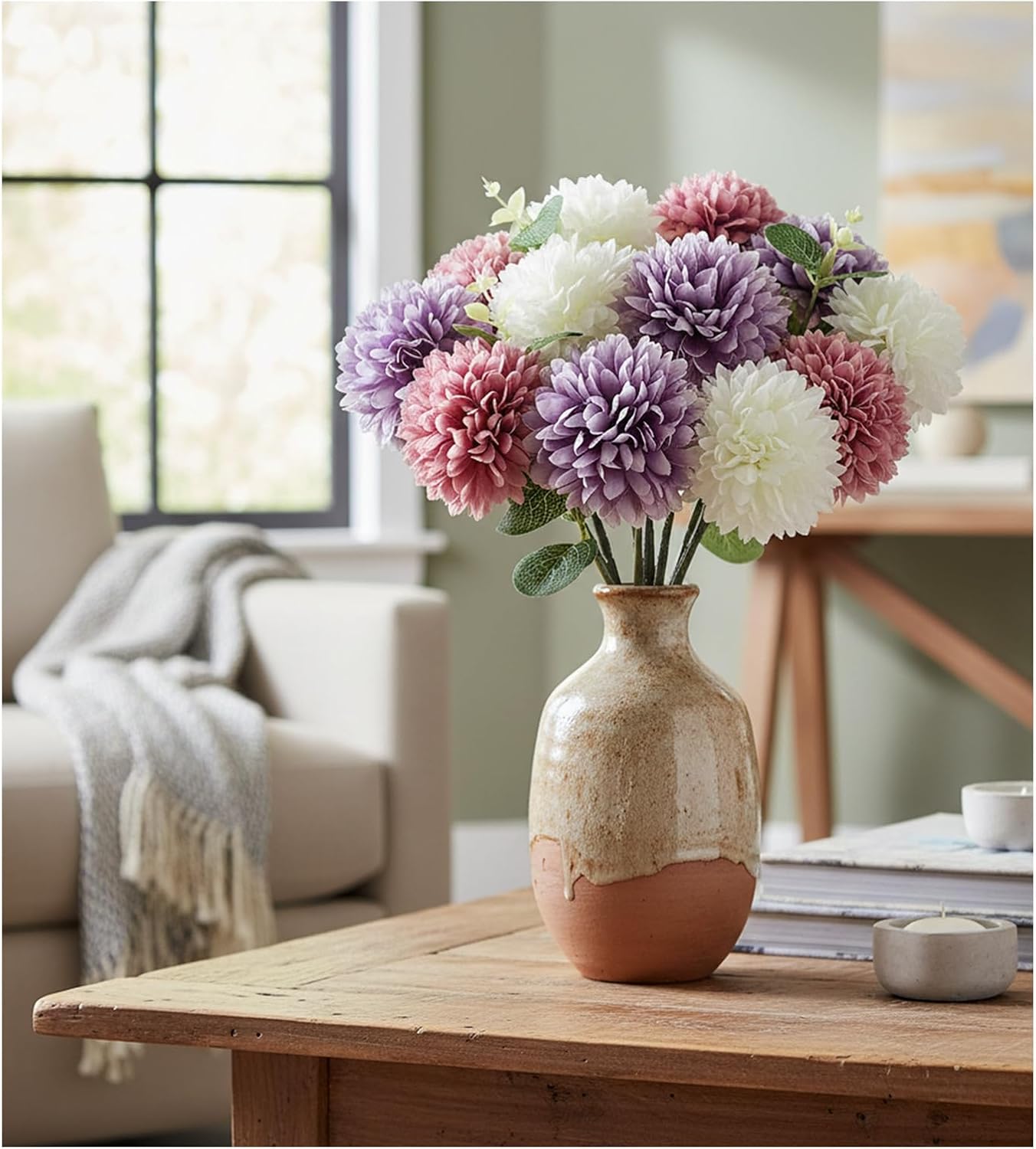 RUMEAVAO 15pcs Artificial Silk Mums Chrysanthemum Flowers with Faux Eucalyptus Stems, Fake Purple White Fuchsia Pompon Mums for Home Wedding Party Decor (12 Chrysanthemum & 3 Eucalyptus)