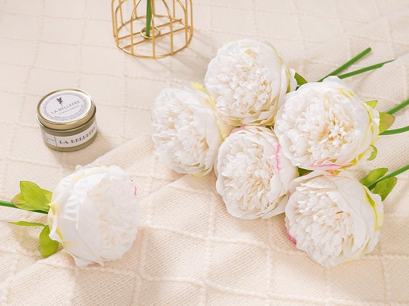 U'Artlines 2 Bouquet 10 Heads Artificial Peony Silk Flower Leaf Home Office Wedding Party Festival Bar Decor (Cream White)