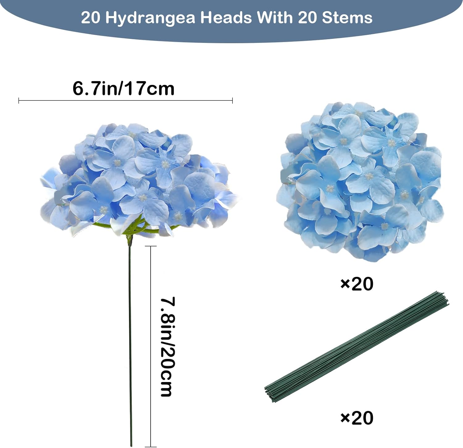 Cherica 20 Pcs Blue Hydrangea Artificial Flowers Bulk, Faux Hydrangea Flowers Heads, Artificial Fake Silk Hydrangea Flowers with Stems, Blue Flowers Artificial for Decoration Wedding Décor - Image 2