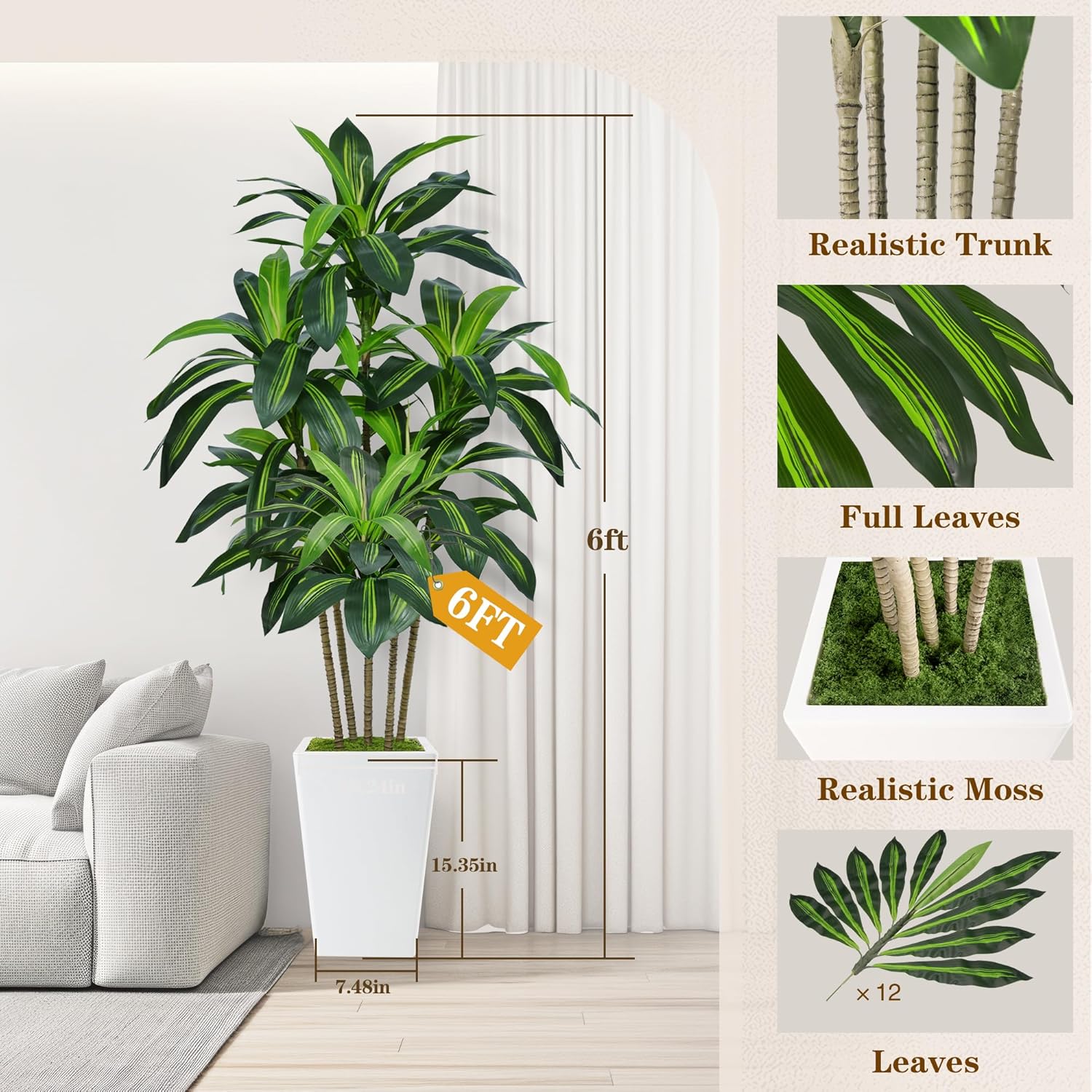 6FT Artificial Dracaena Tree, Fake Tree Indoor with White Tall Planter,Tall Artificial Plants Indoor,Artificial Silk Tree for Home Office Decor (White) - Image 3