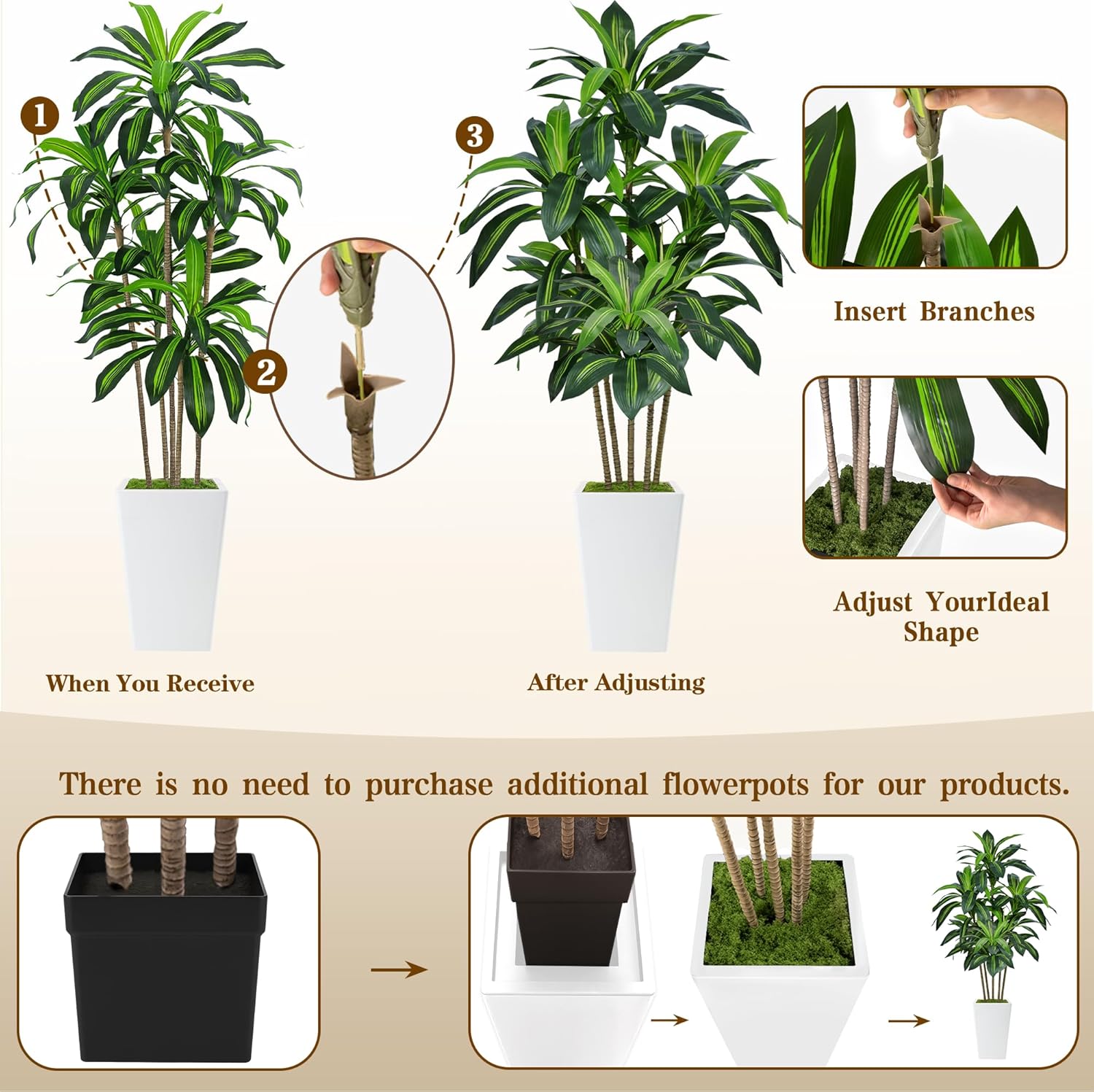 6FT Artificial Dracaena Tree, Fake Tree Indoor with White Tall Planter,Tall Artificial Plants Indoor,Artificial Silk Tree for Home Office Decor (White) - Image 4