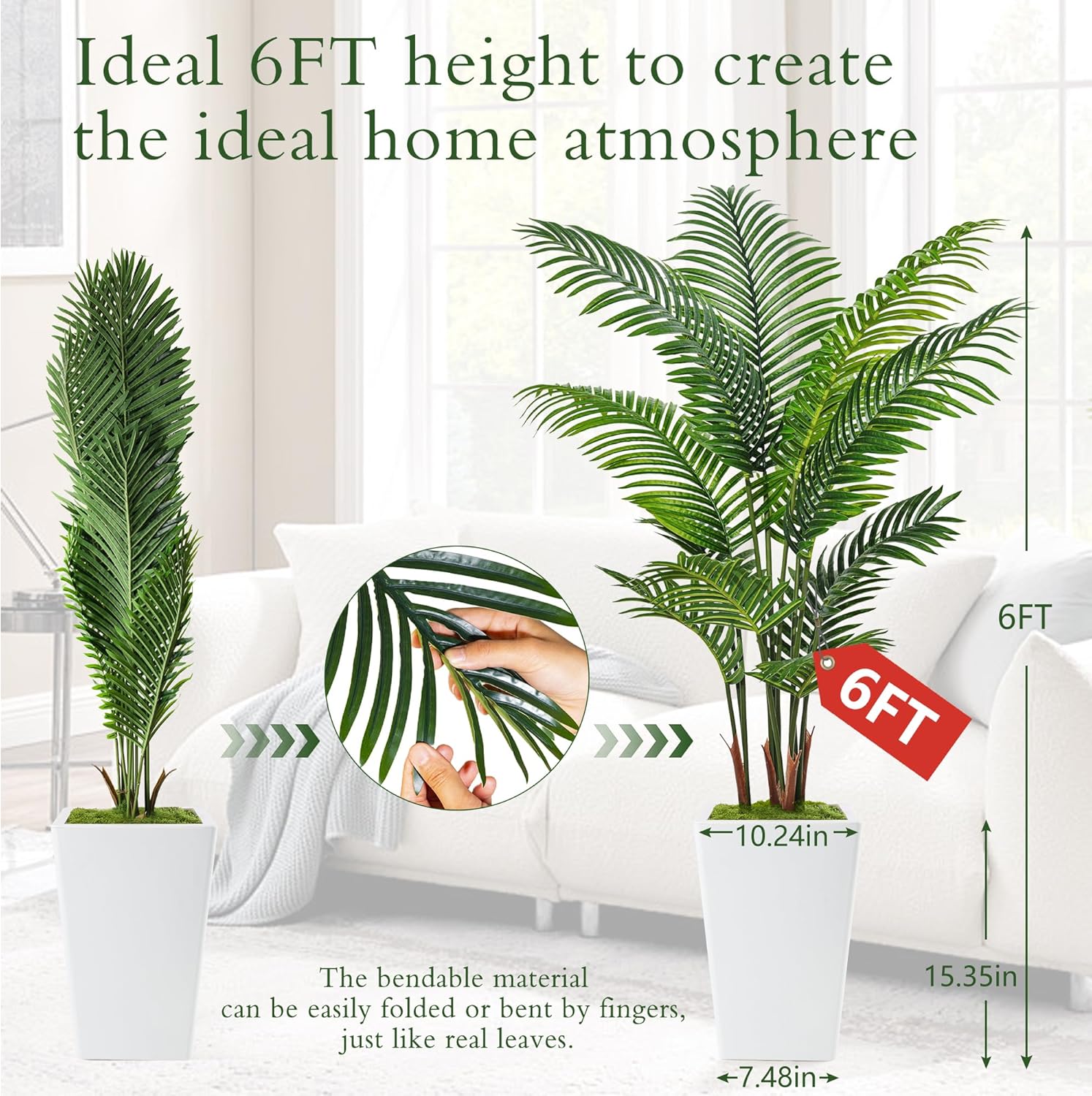 6FT Artificial Palm Tree, Tall Faux Palm Tree Indoor with Fake Plants Tall, Artificial Plants with Lifelike Leaves for Home Office Decor (White) - Image 3