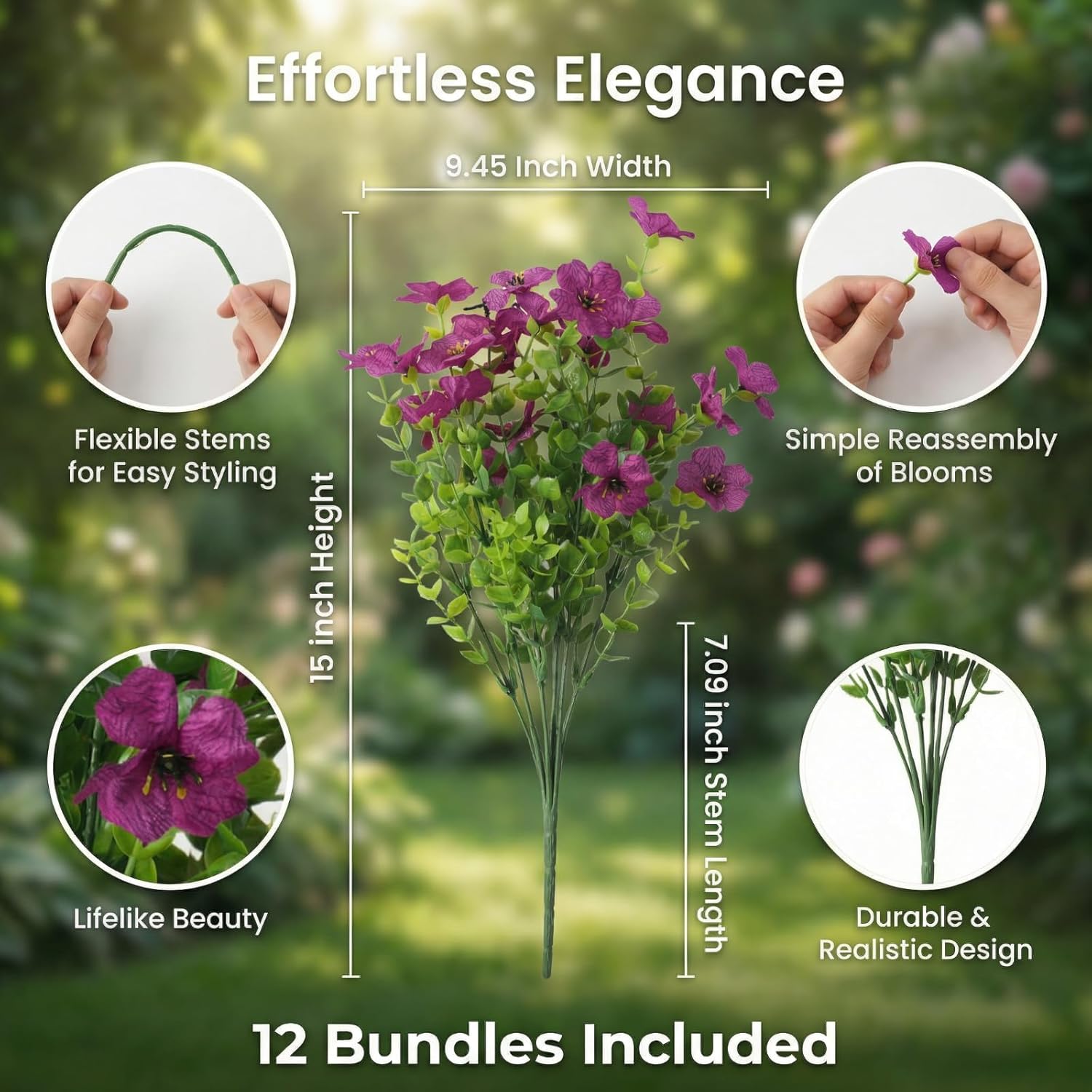 Artificial Flowers for Outdoors, Faux Spring Silk Flowers with Eucalyptus Leaves, UV Resistant Fake Plants for Garden Home Decoration, Outdoor Flower Pots (Mix of Hot Pink, Red, Purple, Yellow)