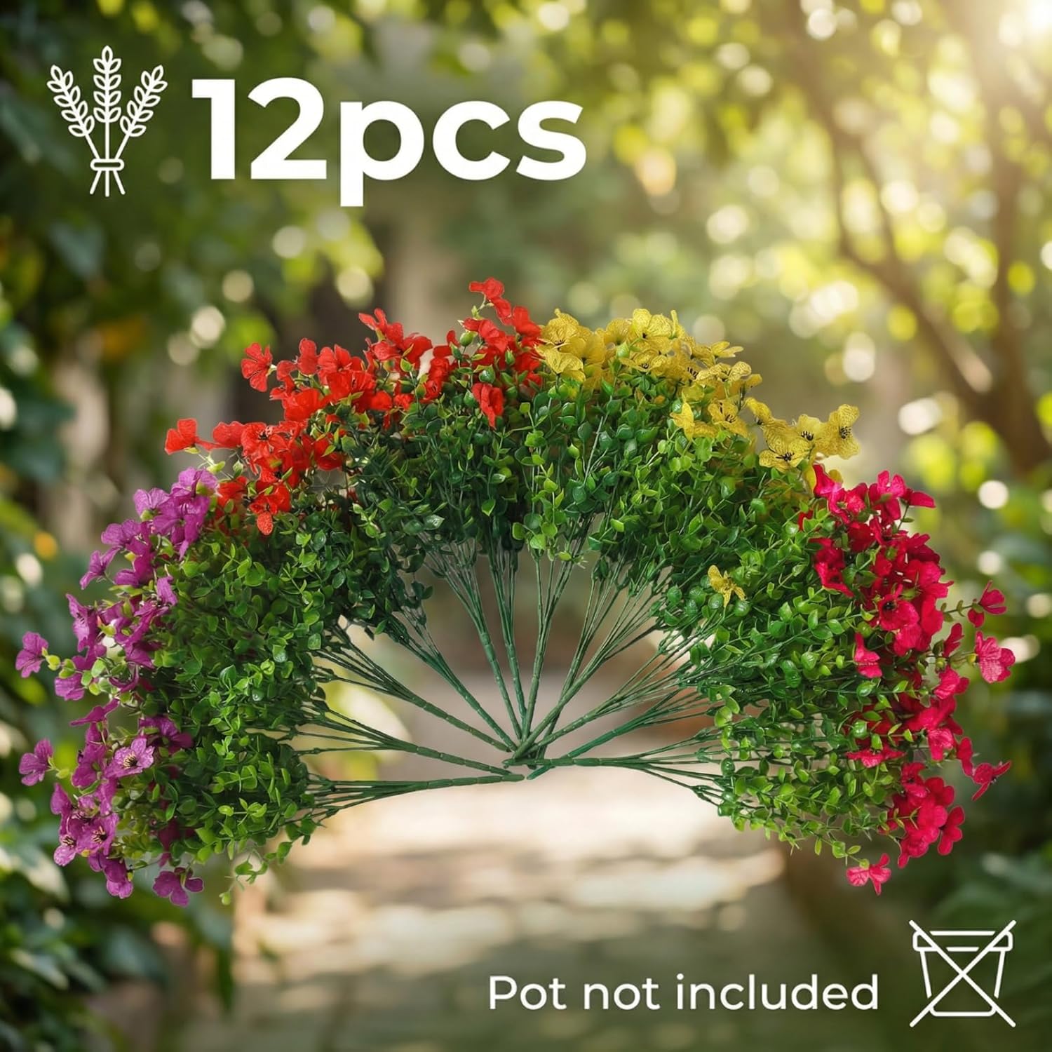 Artificial Flowers for Outdoors, Faux Spring Silk Flowers with Eucalyptus Leaves, UV Resistant Fake Plants for Garden Home Decoration, Outdoor Flower Pots (Mix of Hot Pink, Red, Purple, Yellow) - Image 2