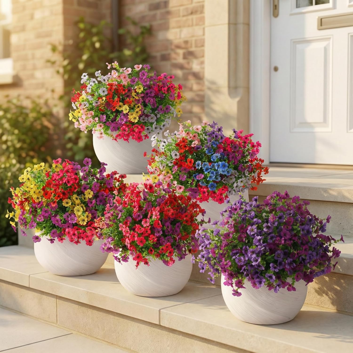 Artificial Flowers for Outdoors, Faux Spring Silk Flowers with Eucalyptus Leaves, UV Resistant Fake Plants for Garden Home Decoration, Outdoor Flower Pots (Mix of Hot Pink, Red, Purple, Yellow) - Image 6