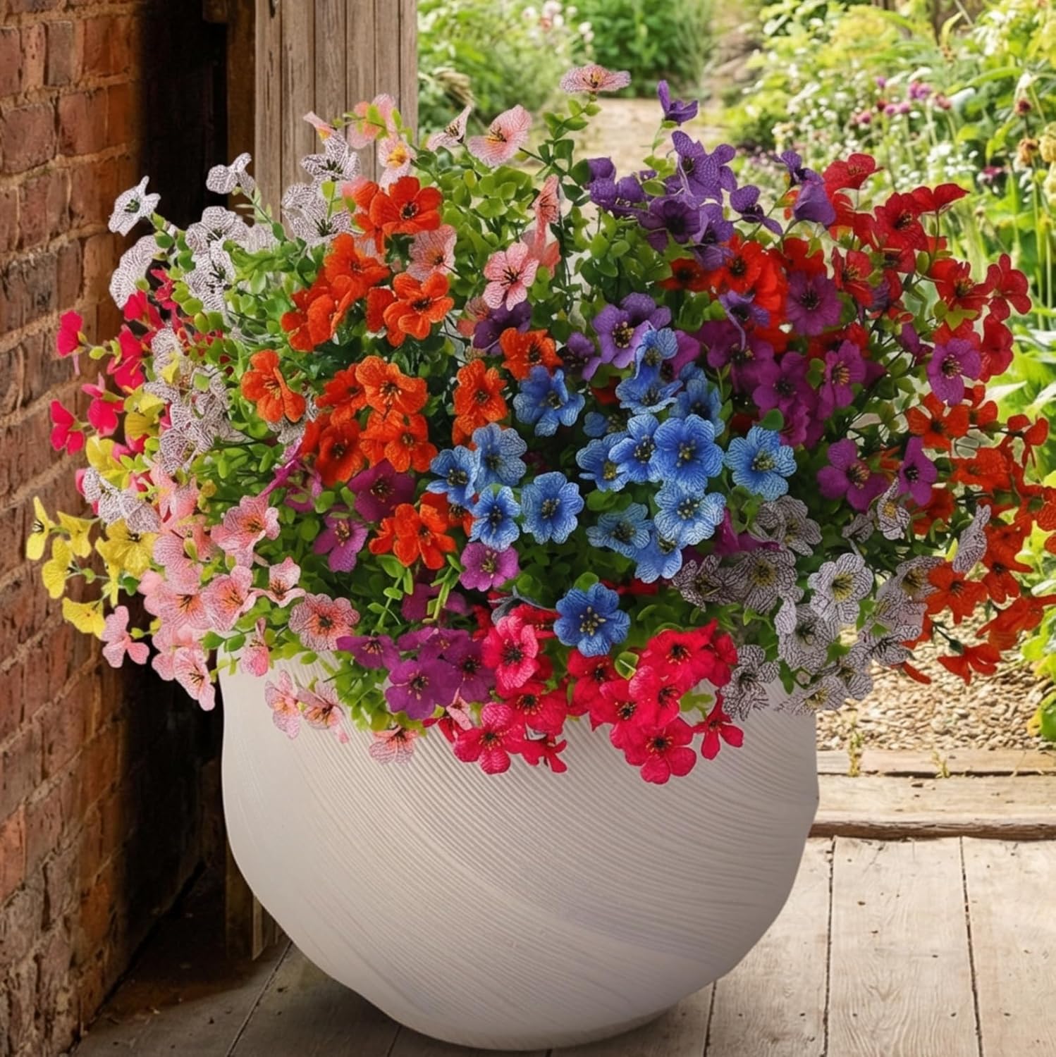 Artificial Flowers for Outdoors, Faux Spring Silk Flowers with Eucalyptus Leaves, UV Resistant Fake Plants for Garden Home Decoration, Outdoor Flower Pots (Mix of Hot Pink, Red, Purple, Yellow) - Image 7