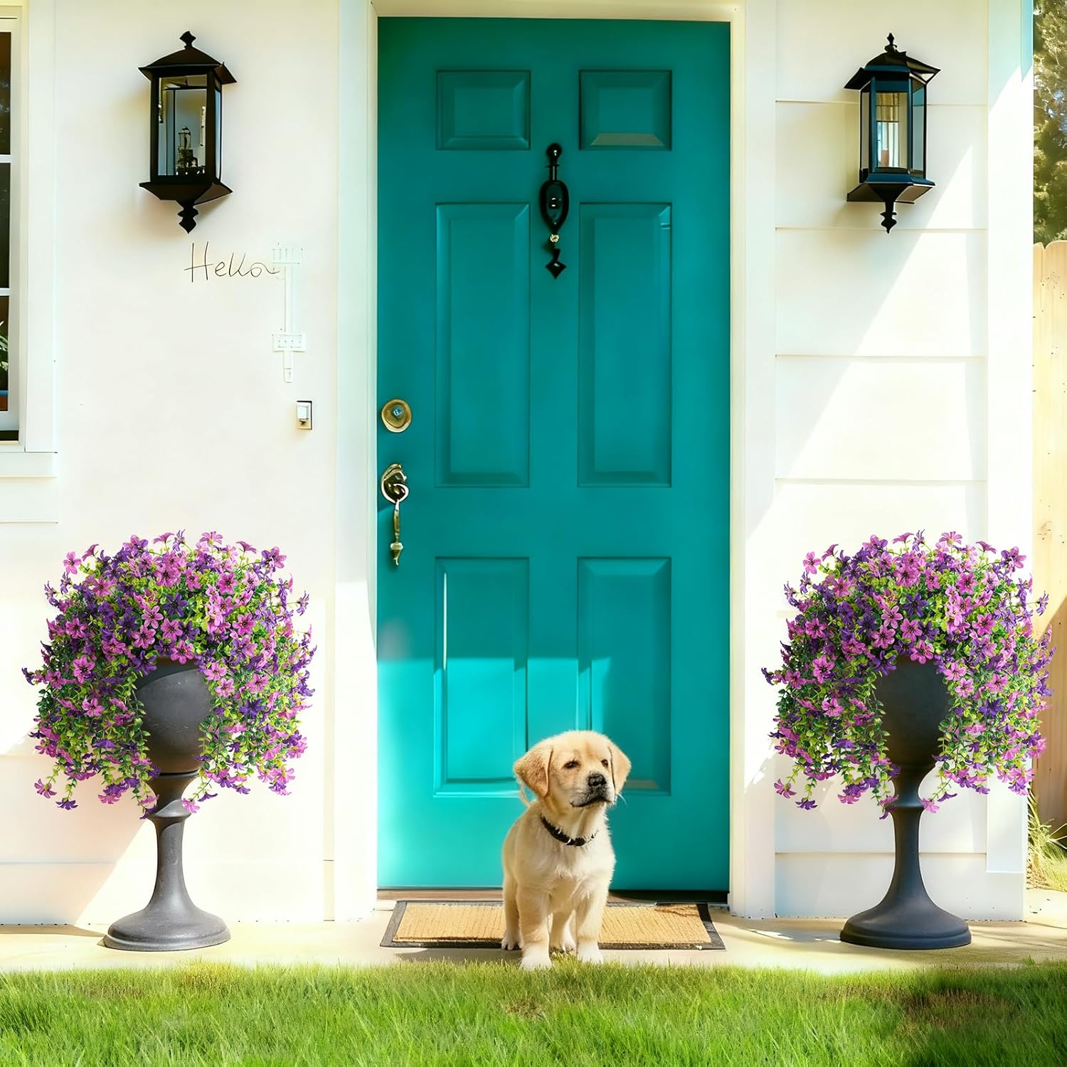 Artificial Hanging Flowers Plants for Outdoor Spring Decoration, 2 PCS Fake Silk Daisy Flower Planter UV Resistant Look Real for Outside Patio Porch Home Summer Decor (Double Purple) - Image 5