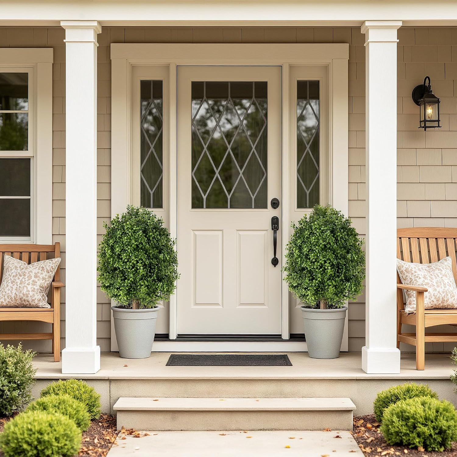 QCQHDU Artificial Boxwood Topiary Ball Bush for Outdoor, 26.8" Fake Trees Evergreen Plants with Ground Spike,UV Resistant Faux Greenery Shrubs for Indoor,Garden,Yard,Front Porch,Patio Decor,Set of 2