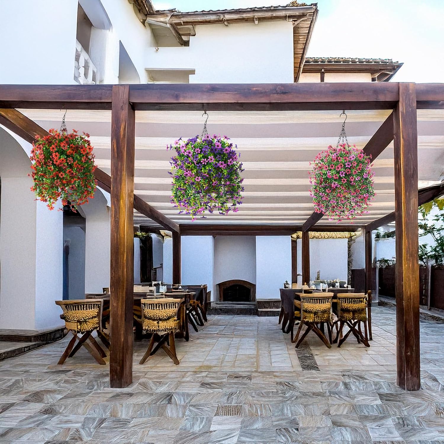 Artificial Hanging Flowers Plants for Outdoor Spring Decoration, 2 PCS Fake Silk Daisy Flower Planter UV Resistant Look Real for Outside Patio Porch Home Summer Decor (Double Purple) - Image 6