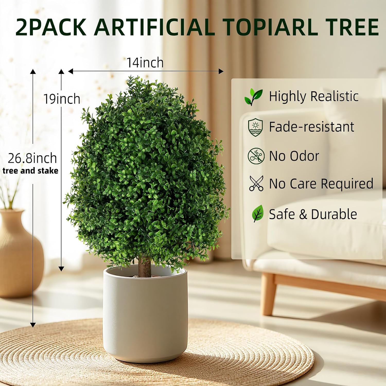QCQHDU Artificial Boxwood Topiary Ball Bush for Outdoor, 26.8" Fake Trees Evergreen Plants with Ground Spike,UV Resistant Faux Greenery Shrubs for Indoor,Garden,Yard,Front Porch,Patio Decor,Set of 2 - Image 2