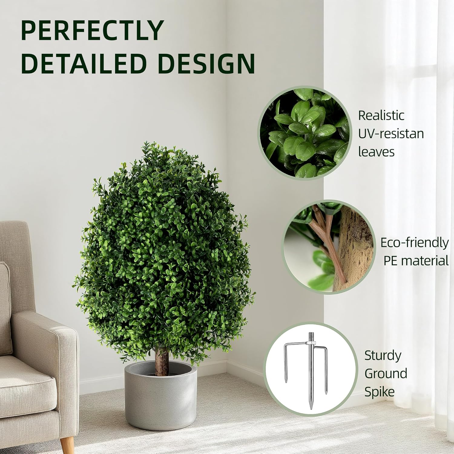 QCQHDU Artificial Boxwood Topiary Ball Bush for Outdoor, 26.8" Fake Trees Evergreen Plants with Ground Spike,UV Resistant Faux Greenery Shrubs for Indoor,Garden,Yard,Front Porch,Patio Decor,Set of 2 - Image 3