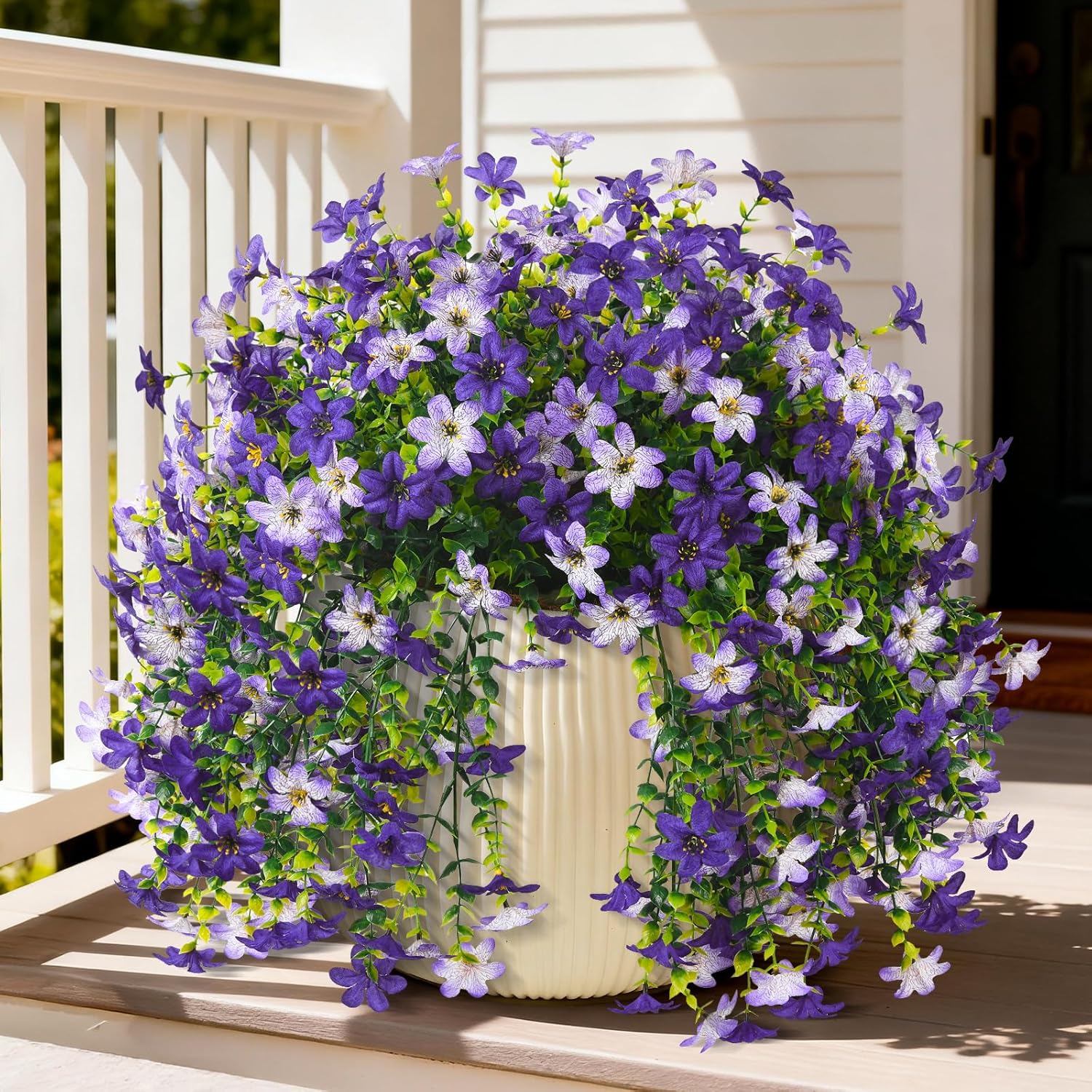 Artificial Hanging Flowers Plants for Outdoor Spring Decoration, 2 PCS Fake Silk Daisy Flower Planter UV Resistant Look Real for Outside Patio Porch Home Summer Decor (Double Purple) - Image 8