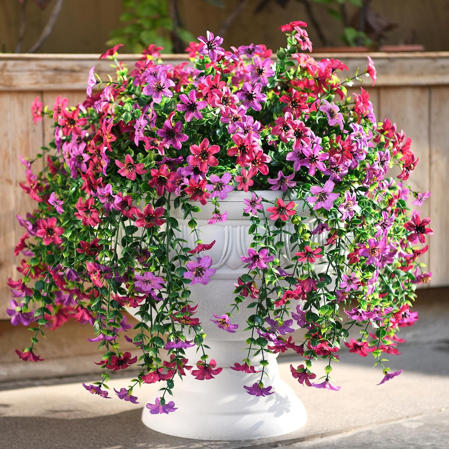 Artificial Hanging Flowers Plants for Outdoor Spring Decoration, 2 PCS Fake Silk Daisy Flower Planter UV Resistant Look Real for Outside Patio Porch Home Summer Decor (Double Purple) - Image 9