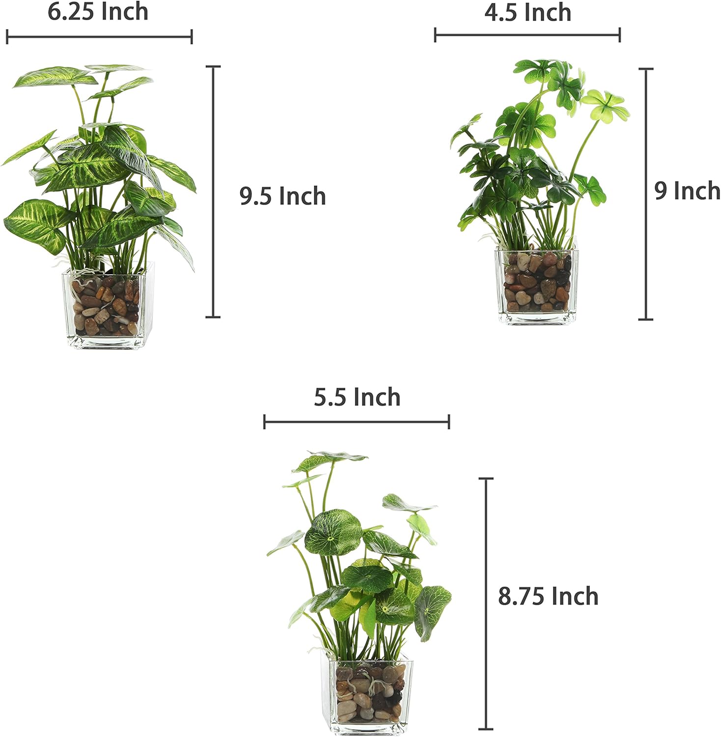 MyGift Set of 3 Fake Plants, Small Artificial Potted Plants Indoor in Clear Glass Pot, 9.5 Inch Faux Plant for Home Decor - Image 2