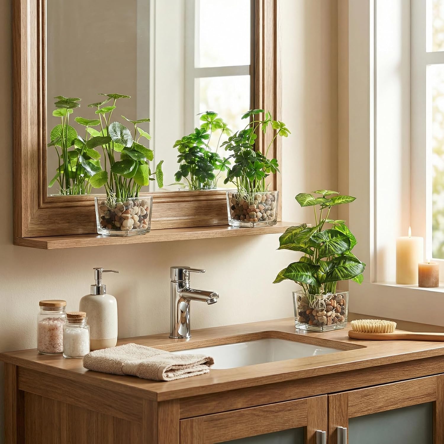 MyGift Set of 3 Fake Plants, Small Artificial Potted Plants Indoor in Clear Glass Pot, 9.5 Inch Faux Plant for Home Decor - Image 4